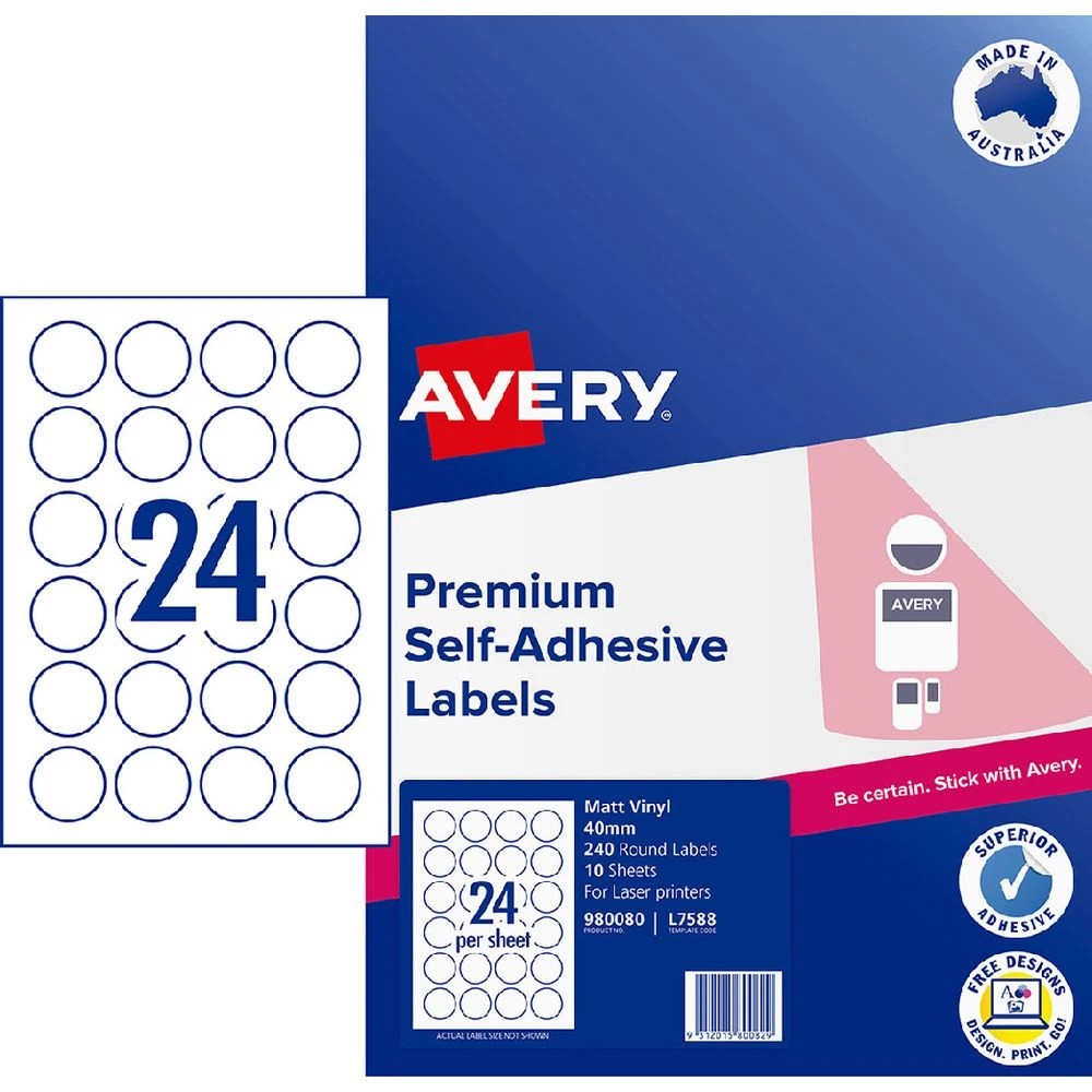 1 Avery 24UP Durable Laser Round Labels 40mm White 10 Pack, 1 of 2