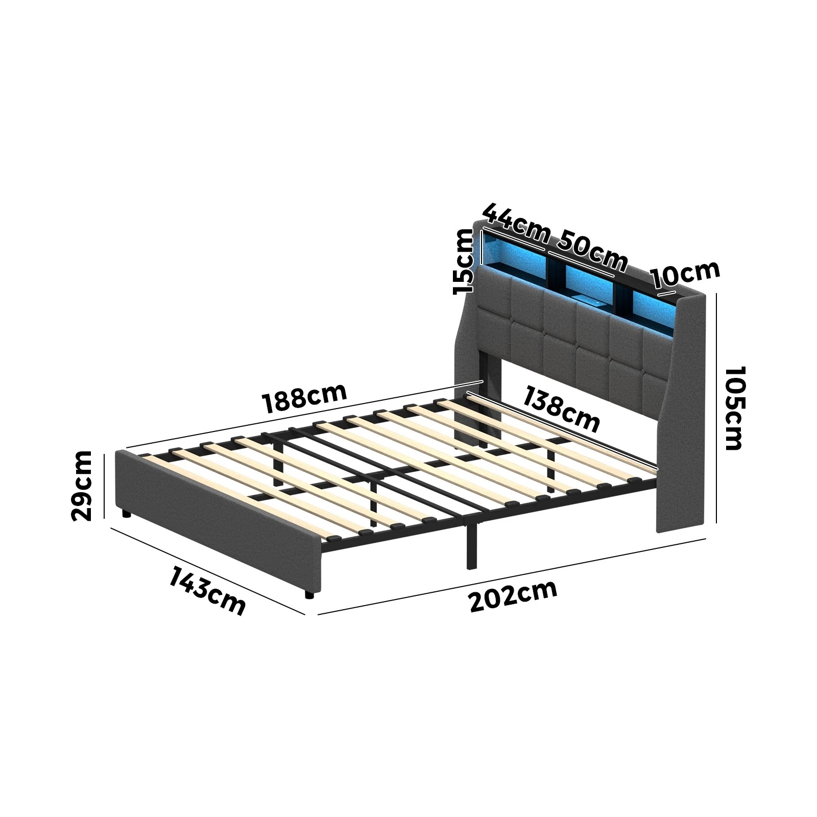 2 Oikiture Double Size Bed Frame LED Storag Headboard & Charging Station - Grey, 2 of 7