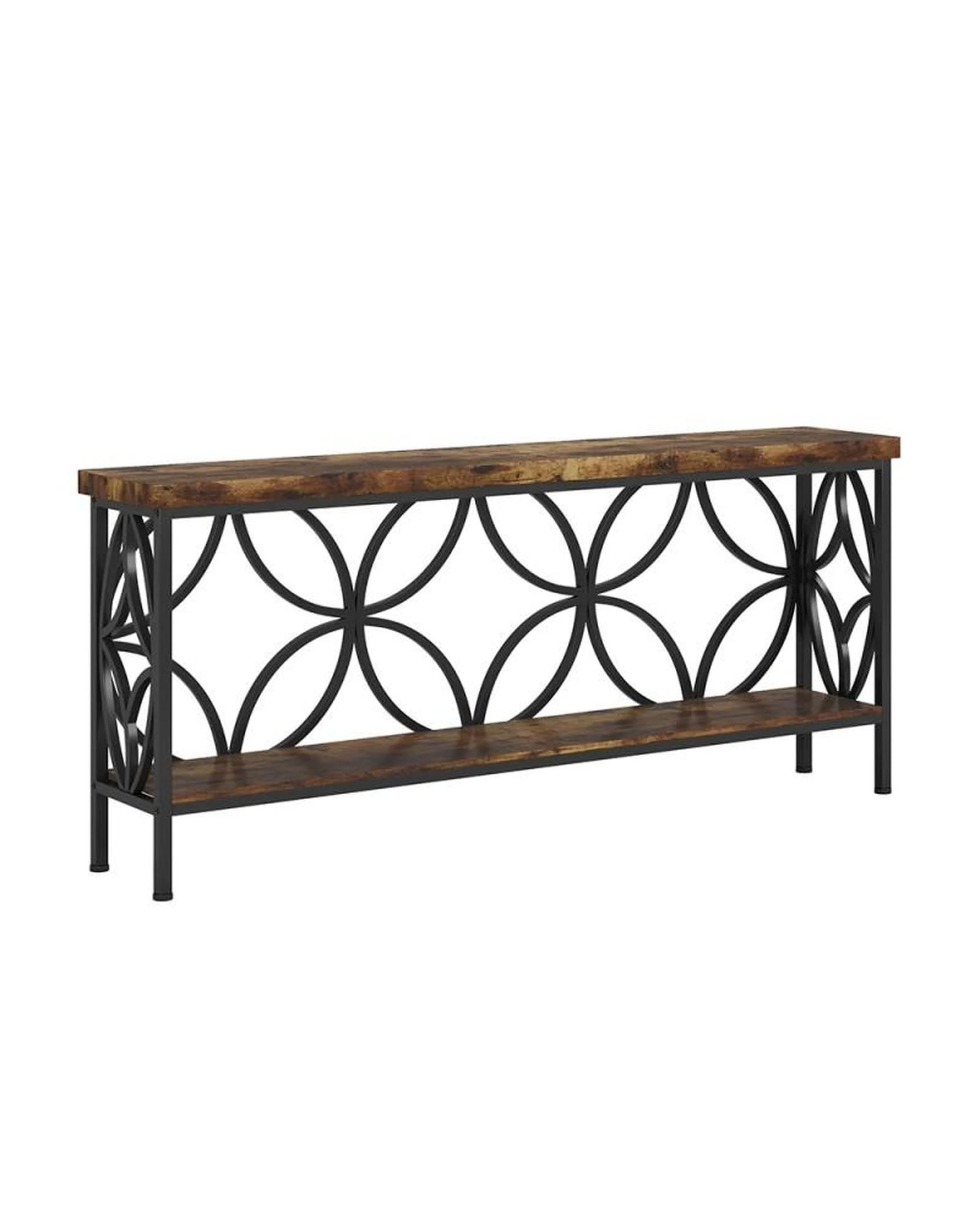 7 OAKORY 180cm Retro Console Table, Hallway Table with Rustic Brown Shelves & Black Metal Frame, 7 of 8