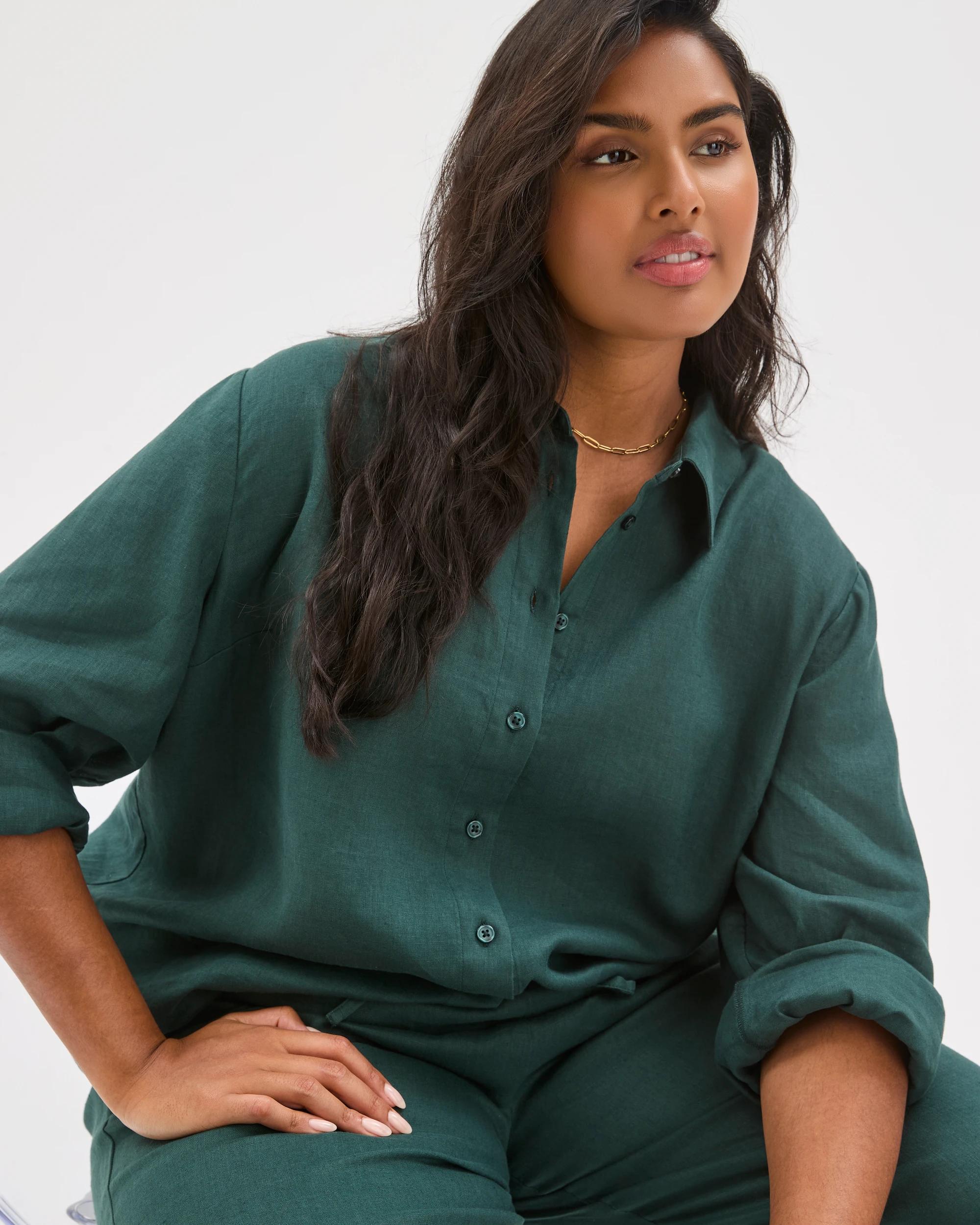 4 Target Curve Plus Size European Linen Shirt DEEP GREEN, 4 of 6