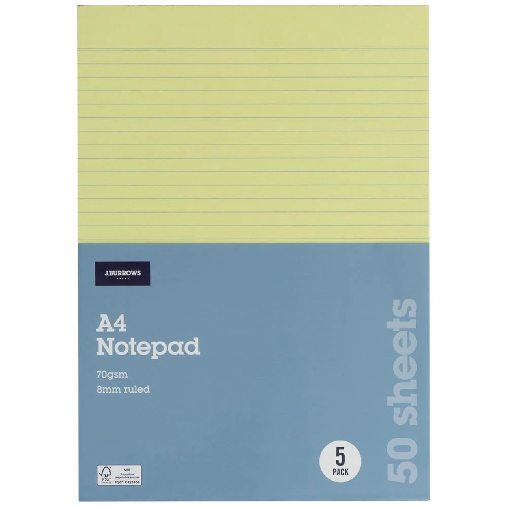 1 50 Sheet A4 Ruled Office Pad 5 Pack Mixed Colour, 1 of 3