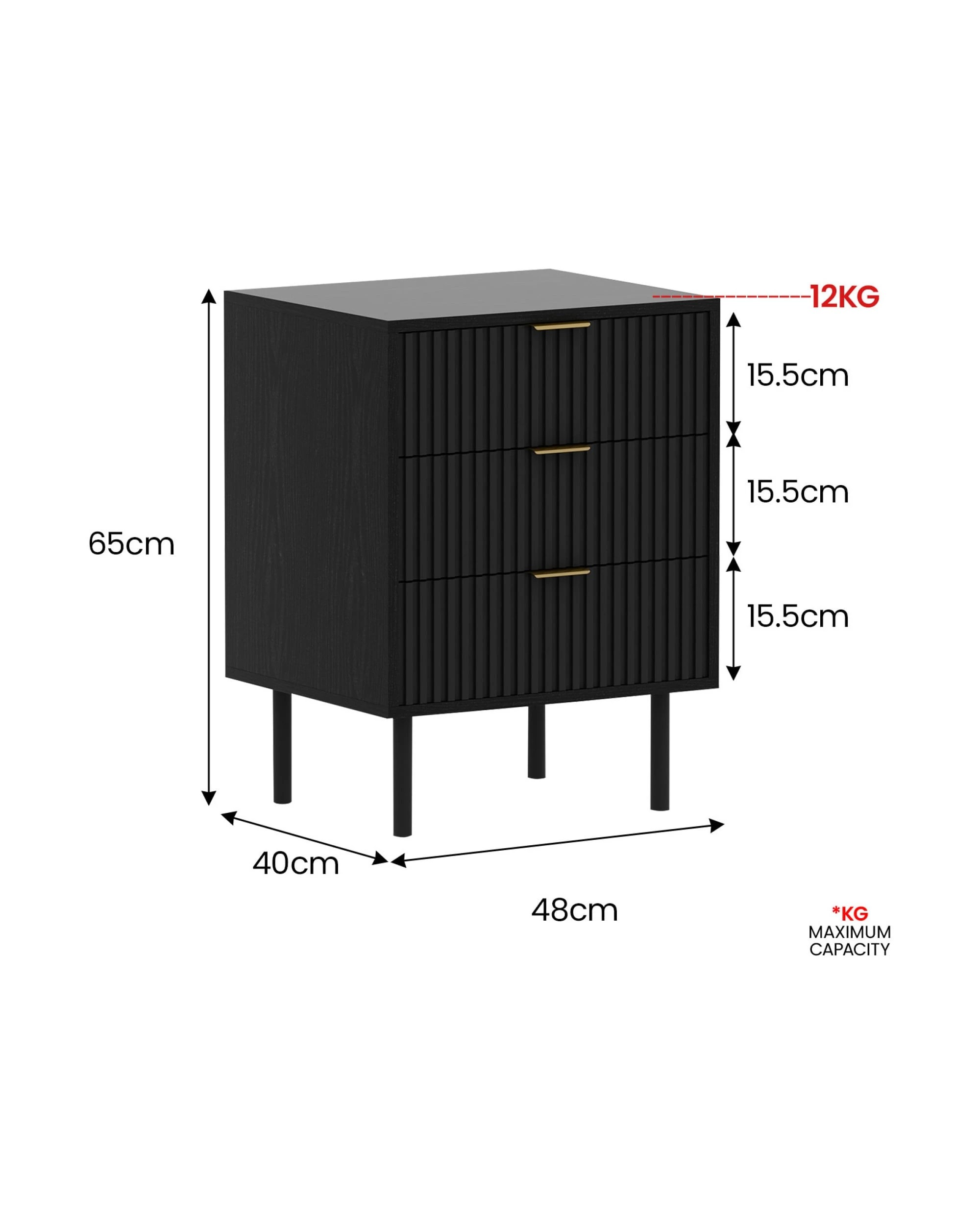 3 Sarantino Evelyn Bedside Table with 3 Drawers - Black, 3 of 6