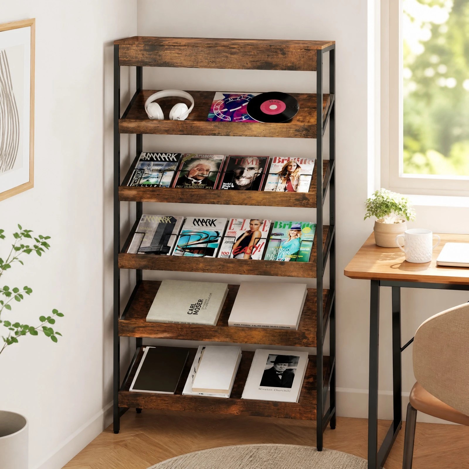 2 Costway 6 Tier Bookshelf 161cm Tall Slant Display Shelf Metal Newspaper Rack Organiser - Brown, 2 of 5