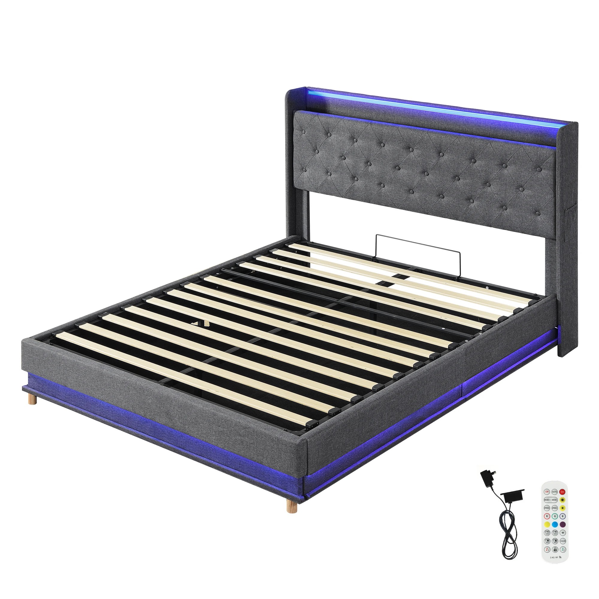 1 Levede Q Size Bed Frame Fabric with LED and Charging Station, 1 of 9