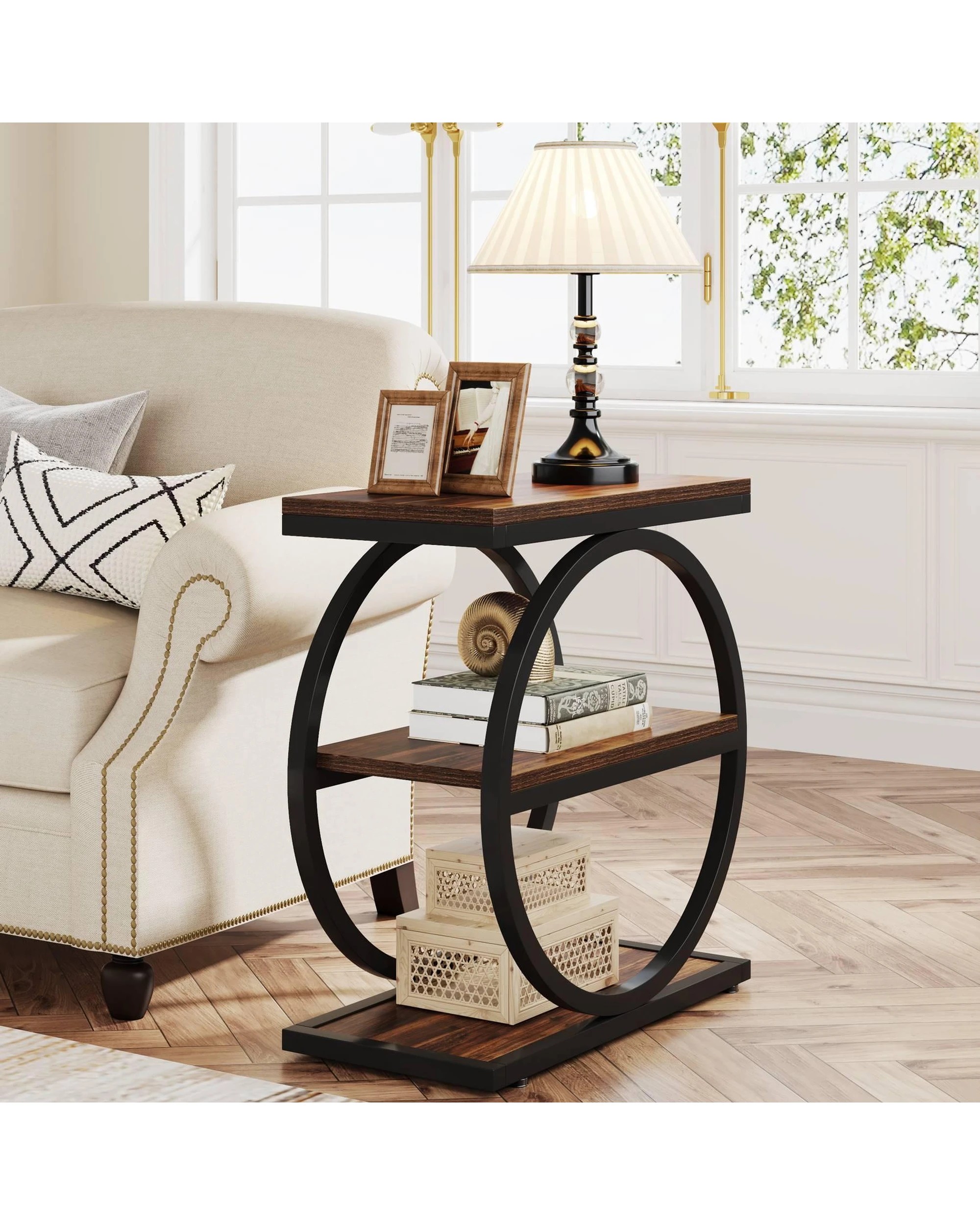 2 OAKORY 60cm End Table, Narrow 30cm Wide with Rustic Brown Storage Shelves Black Metal Frame, 2 of 7