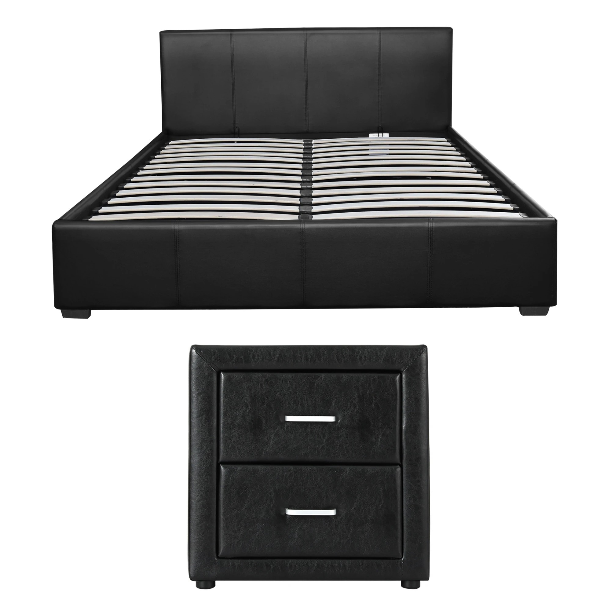 3 Artiss Gas Lift Queen Bed Frame and Bedside Table Set Leather - Black, 3 of 9