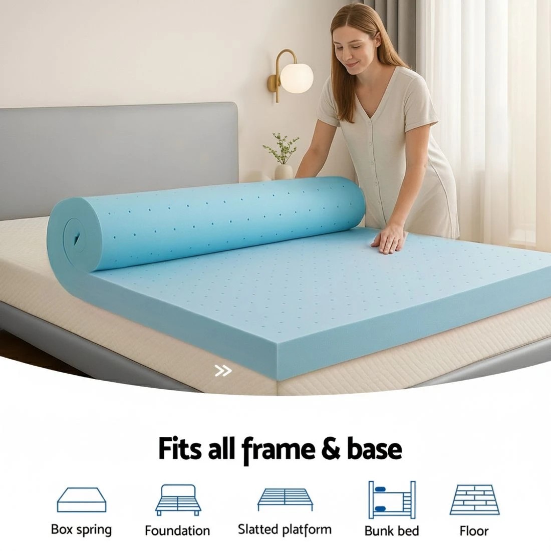 9 Giselle 12cm Memory Foam Mattress Topper Ventilated Cool Gel Bamboo Cover Queen - Queen Bed - Blue, 9 of 10