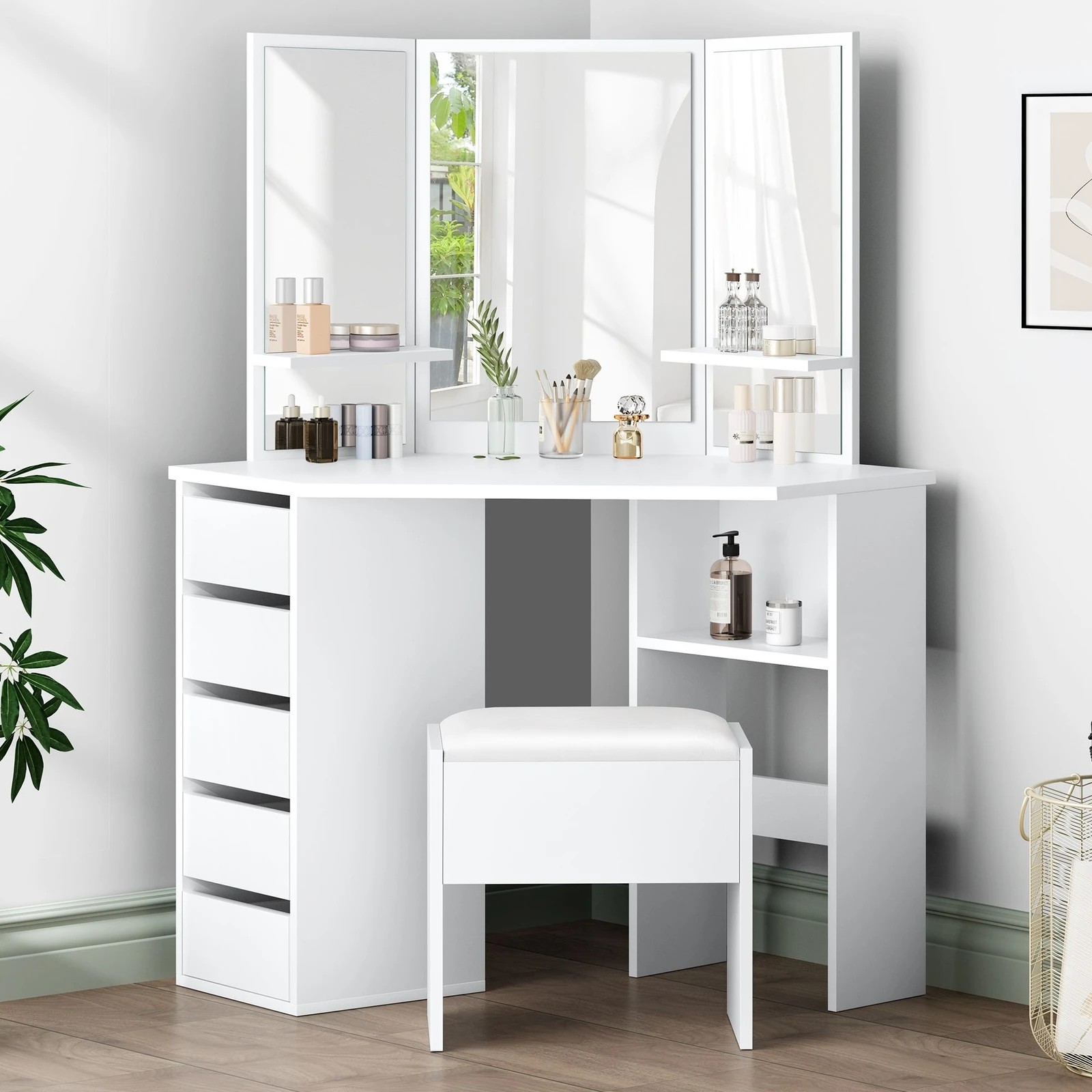 2 Alfordson Dressing Table Stool Set Makeup Tri-fold Mirror Vanity Desk - White, 2 of 10