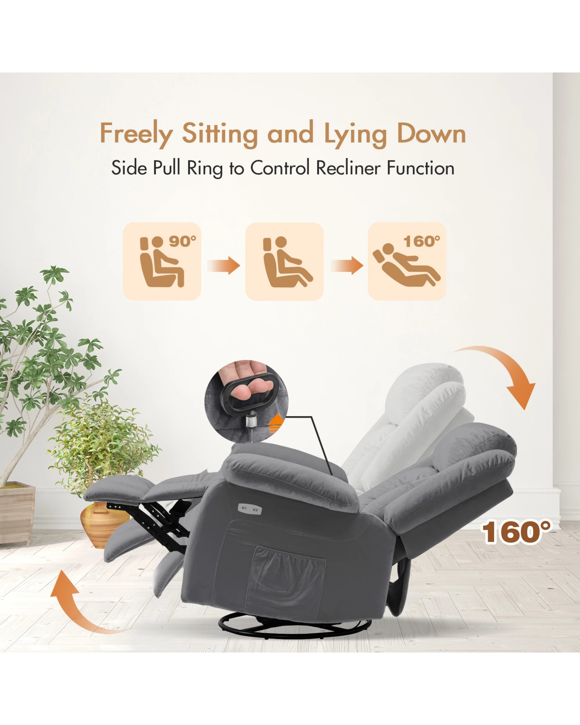 6 Advwin Recliner Chair Electric Heat Massage Chair Lounge Armchair Rotatable Velvet Grey, 6 of 8