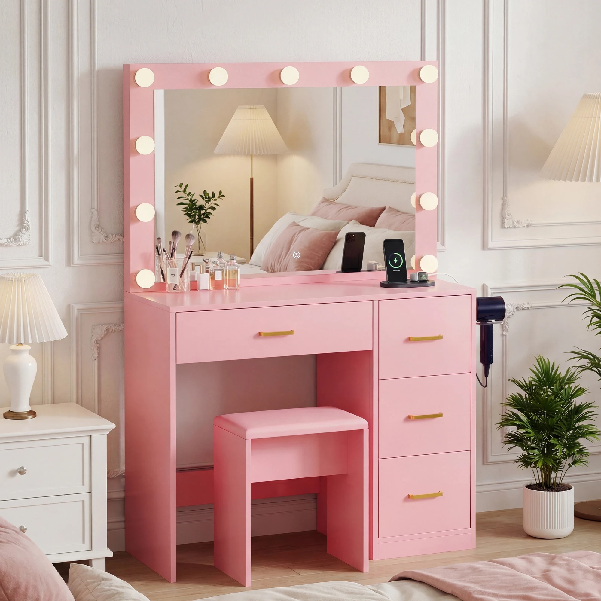 2 Advwin Makeup Vanity Desk with Mirror and 11 Light Bulbs Charging Station - Pink, 2 of 9