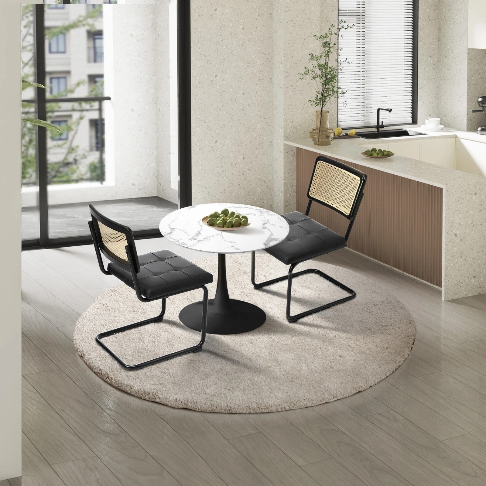 5 Oikiture 60cm Round Dining Table with 2PCS Dining Chairs PU Leather - Black, 5 of 9