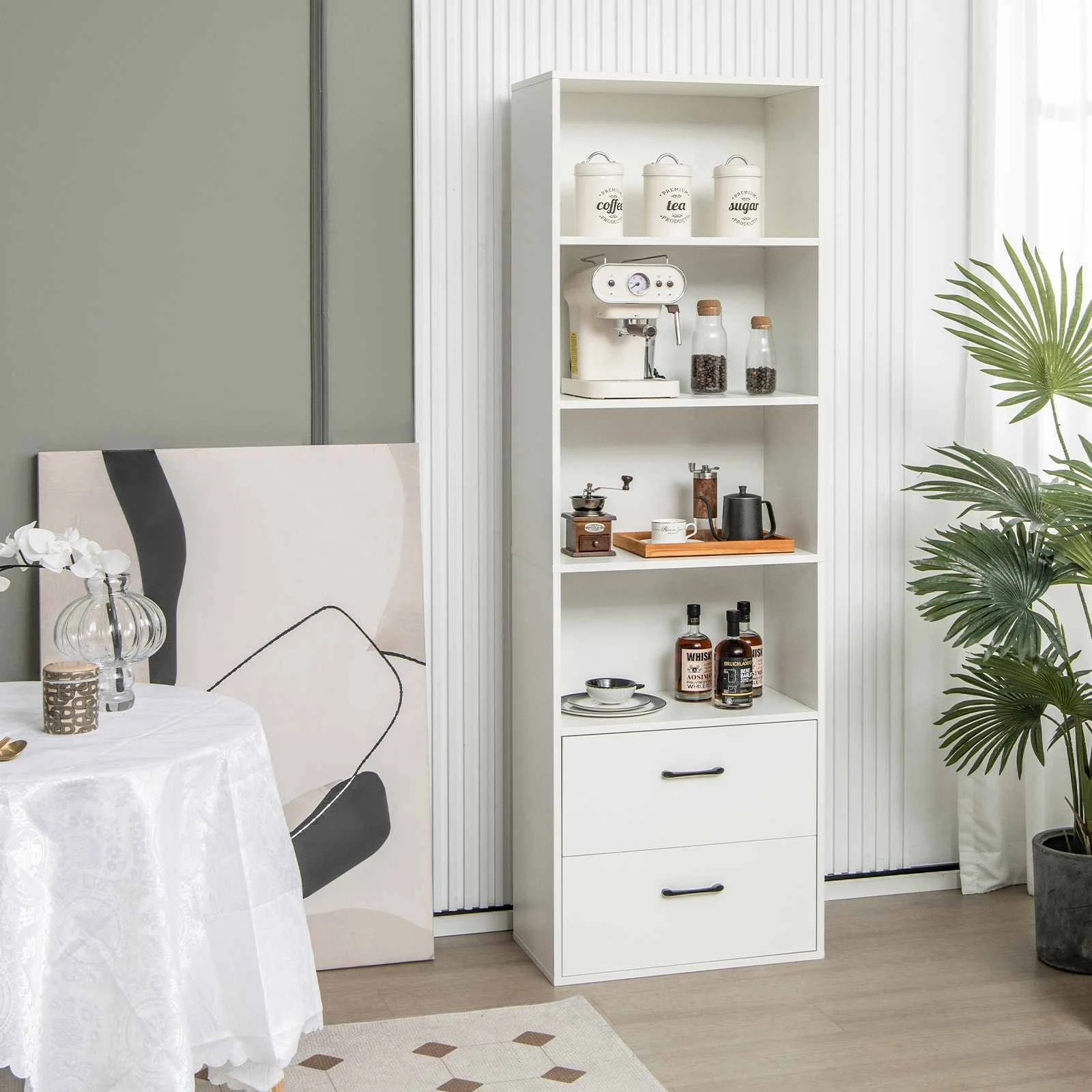 2 Costway Tall BookShelf Bookcase 4-Tier Display Cabinet Modern Storage Shelf w/2 Drawer - White, 2 of 4