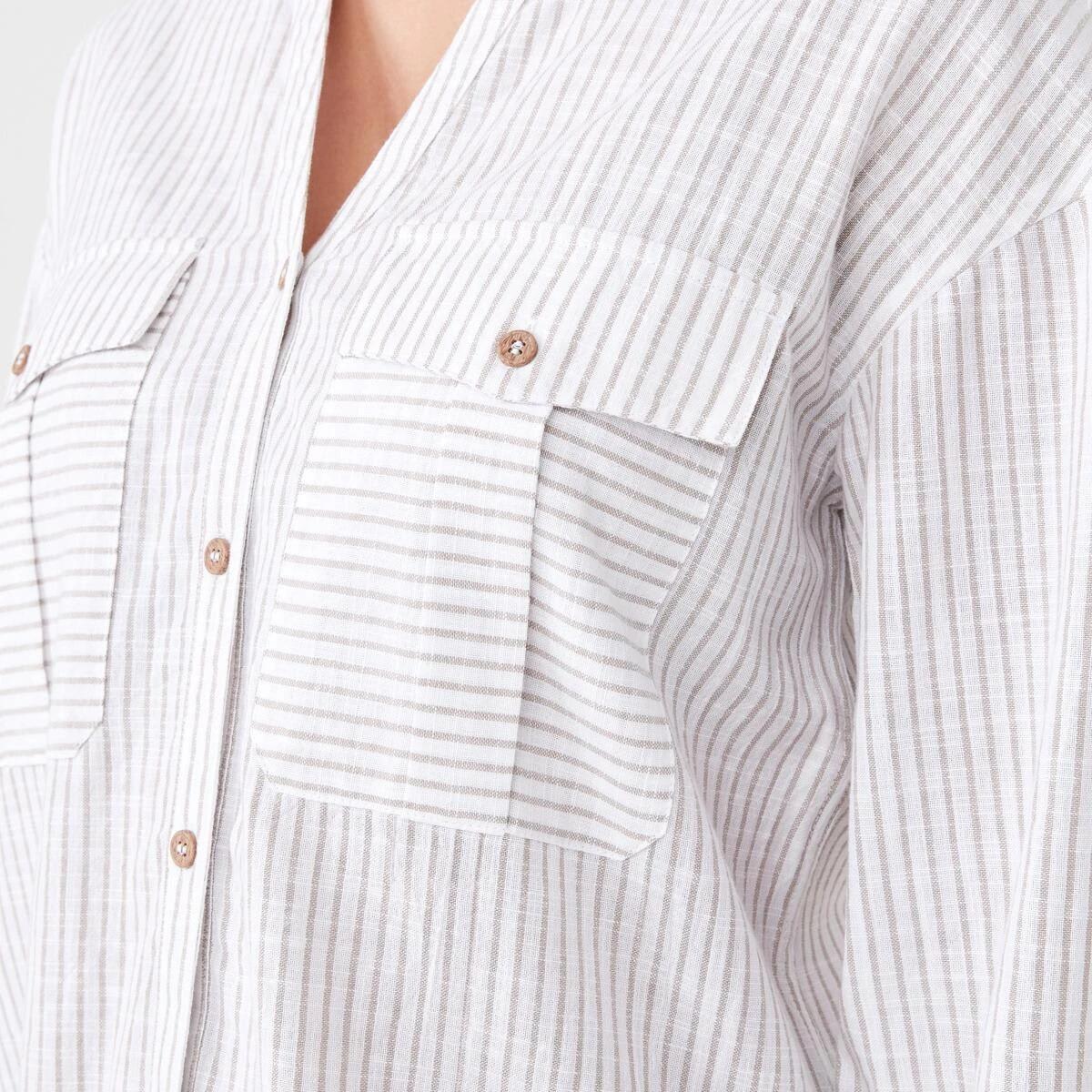 6 Long Roll Sleeve Cotton Shirt Strp Taupe, 6 of 6