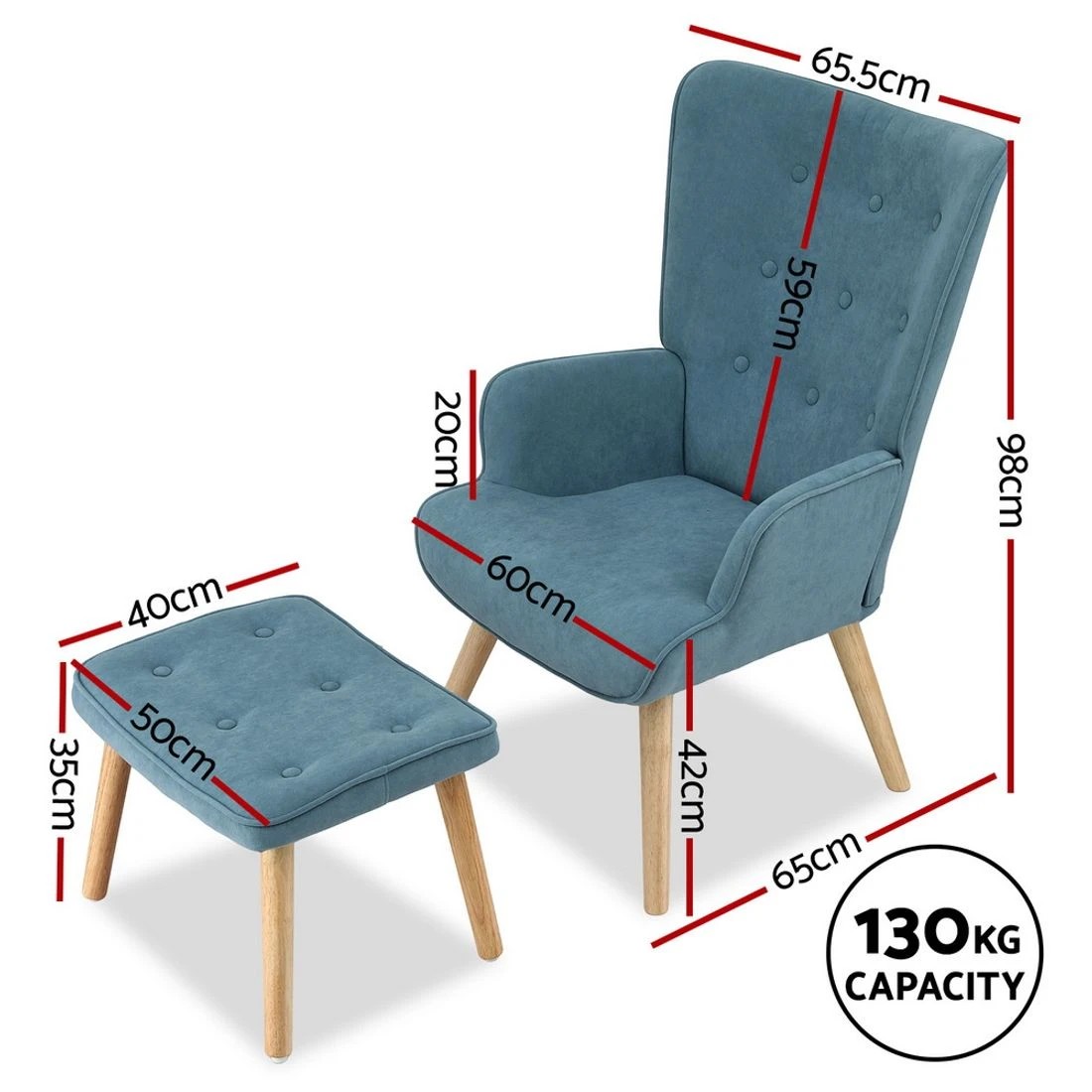 2 Artiss Armchair Set with Ottoman  Lansar - Blue, 2 of 5