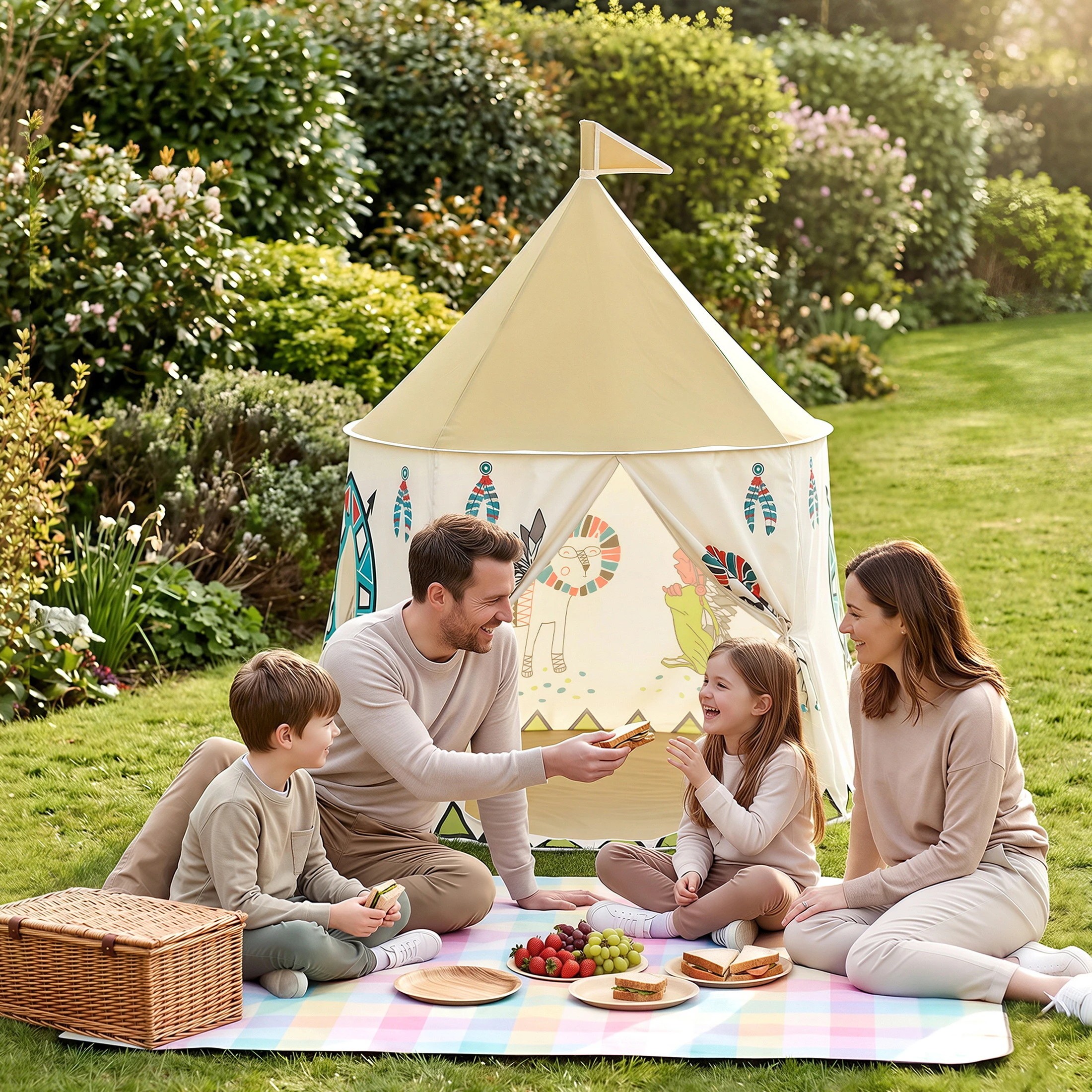 5 Keezi Kids Play Tent Playhouse Castle with Window Carry Bag 115cmx115cm Cute Flag - Multi, 5 of 7