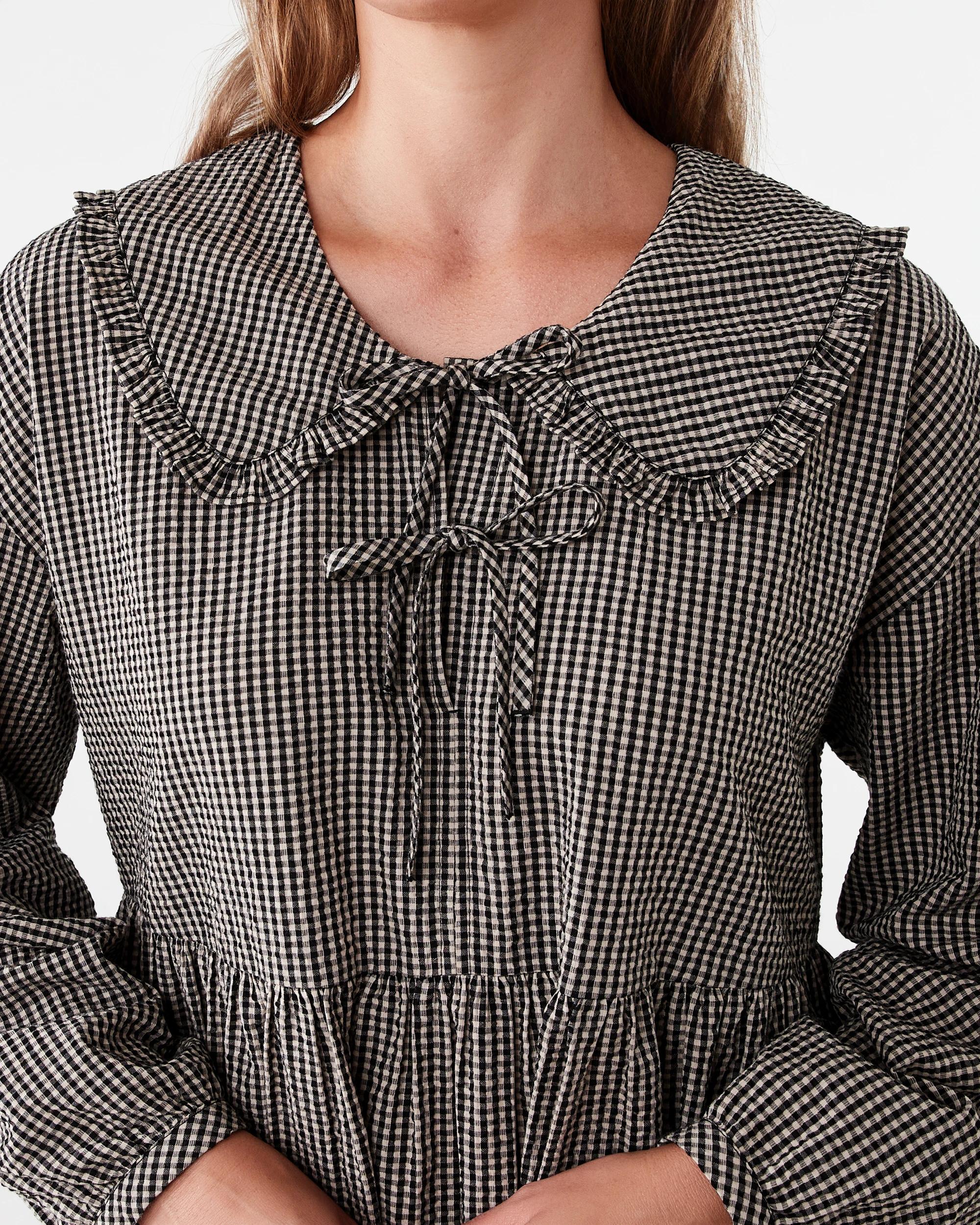 5 Long Sleeve Collared Mini Dress Black Ging, 5 of 8