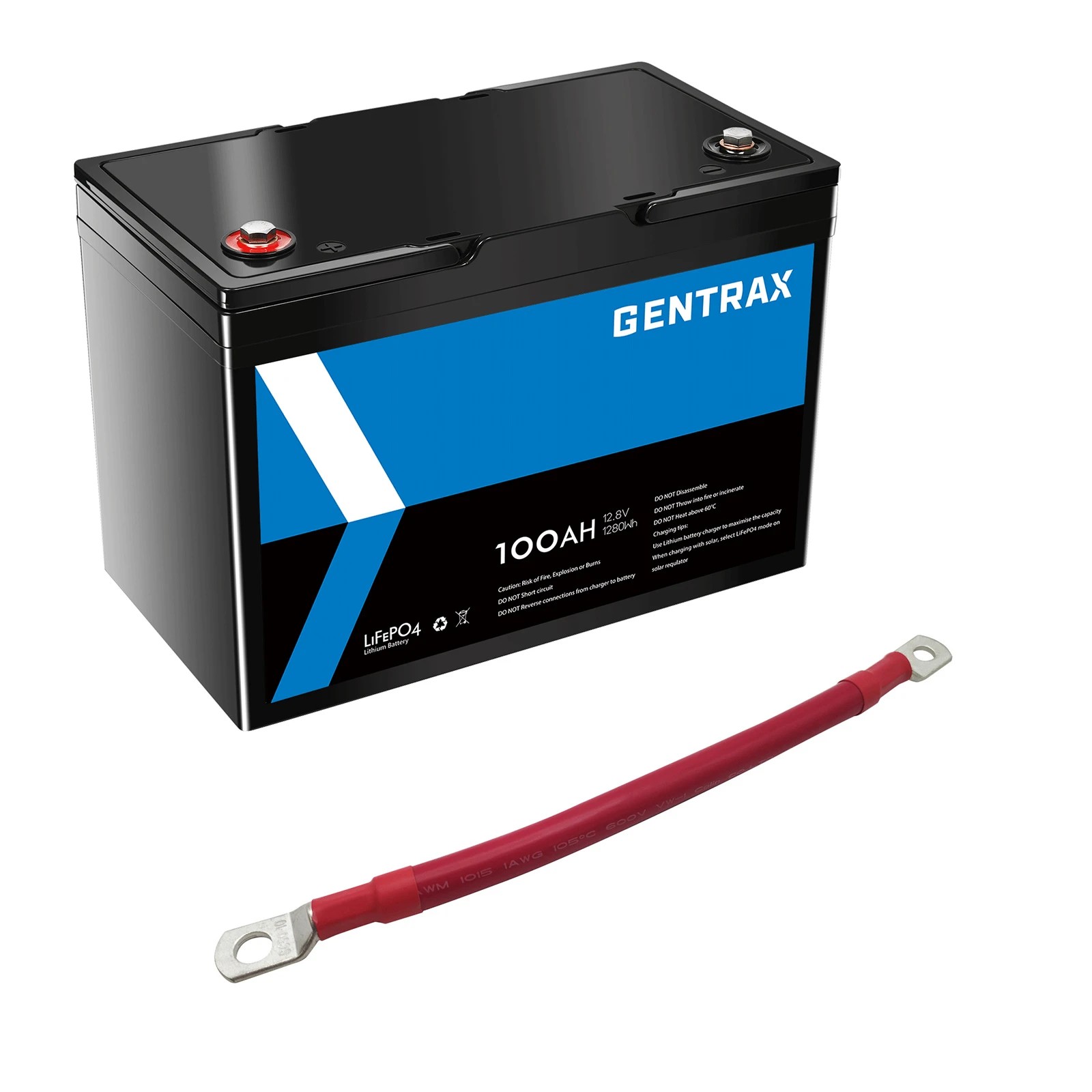 1 Gentrax 12V 100Ah Lithium Iron Phosphate Battery+0.2m 1AWG Battery Cable Power Wire Red, 1 of 10