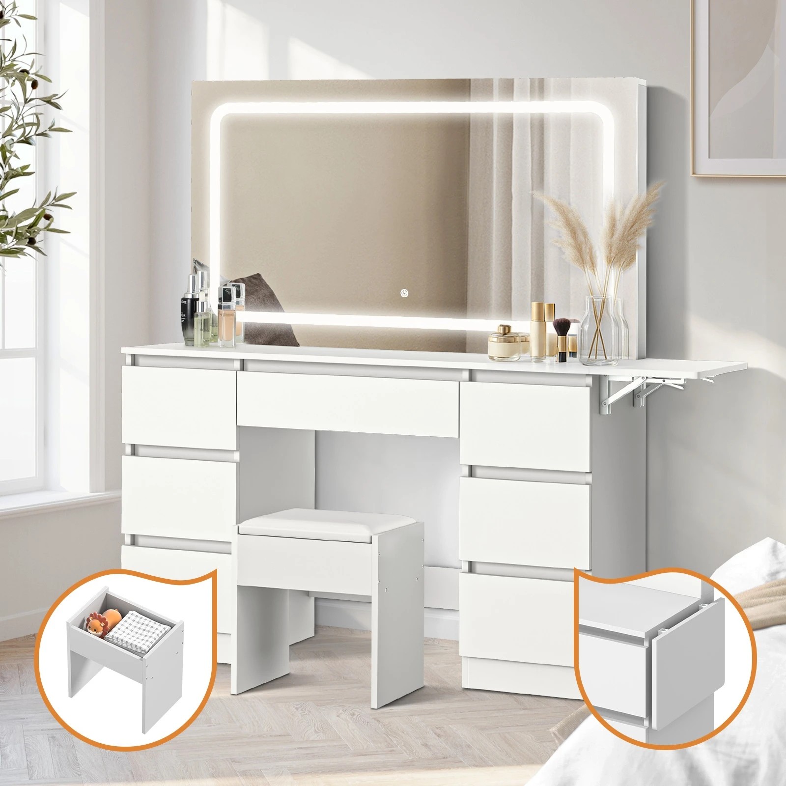 8 Oikiture Dressing Table Stool Set with LED Makeup Mirror Vanity Desk 7 Drawers - White, 8 of 8