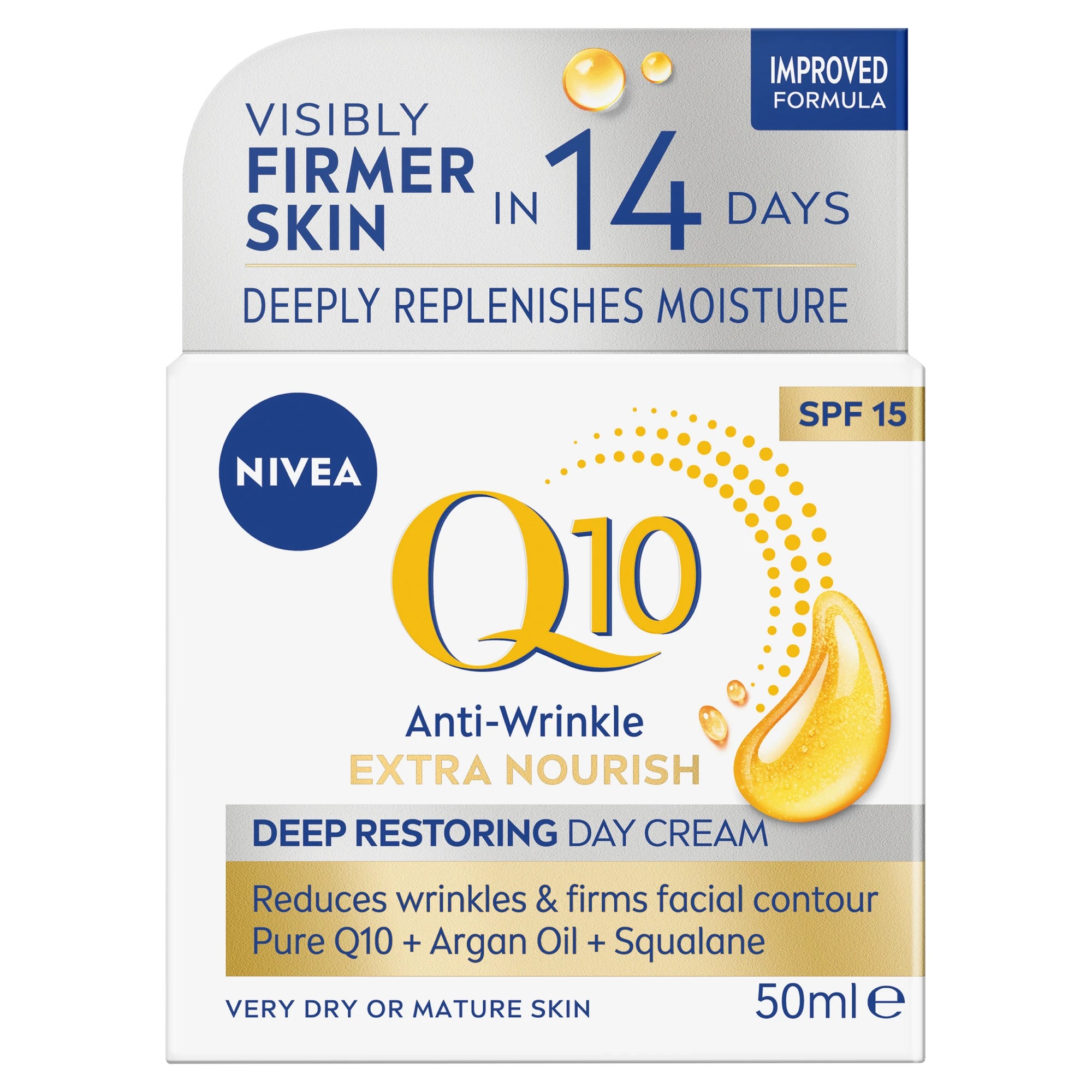 1 Nivea Q10 Anti-Wrinkle Extra Nourish Deep Restoring Day Cream SPF15 50ml - Pure Q10, Argan Oil and Squalane, 1 of 10