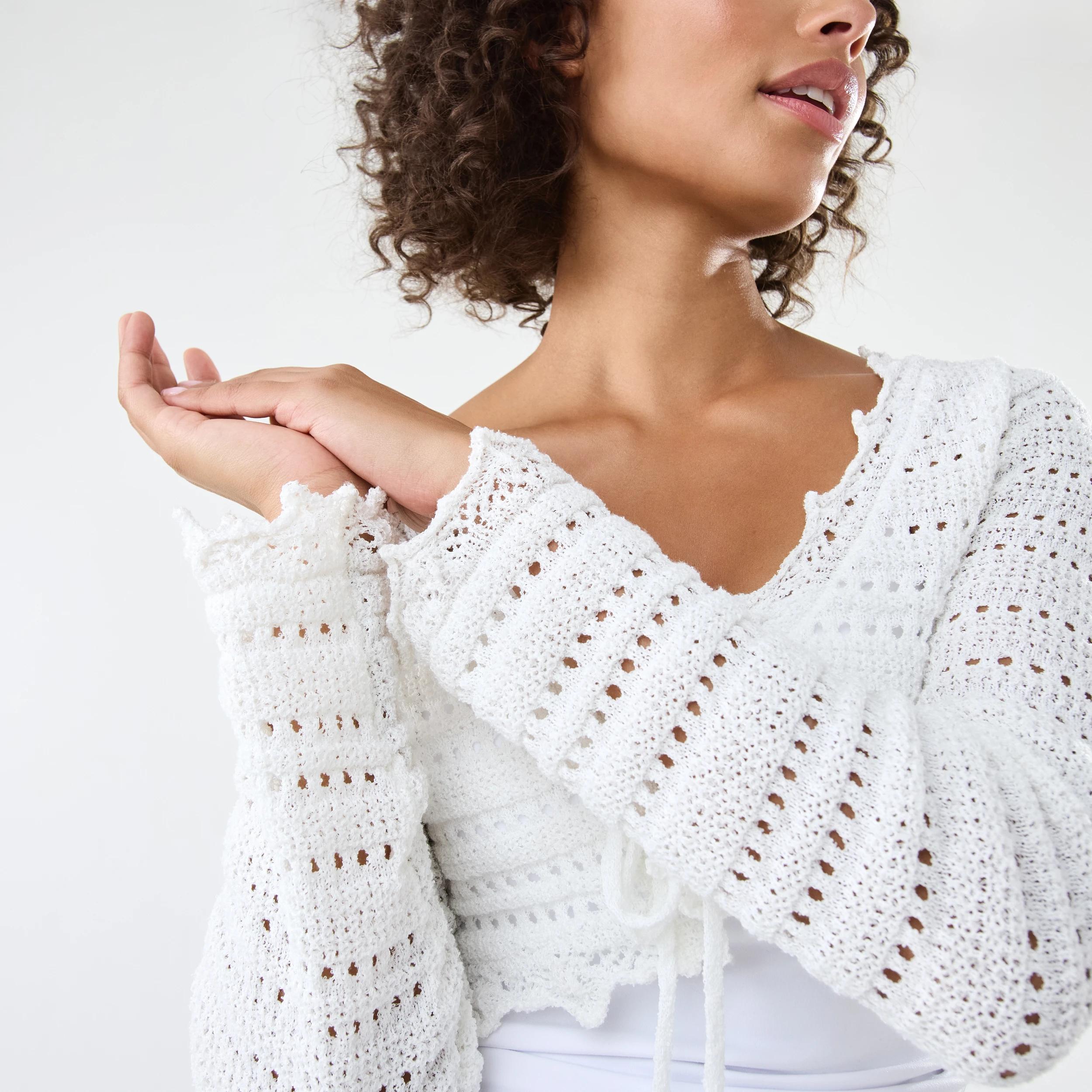 7 Long Sleeve Cropped Tie Cardigan Cld White, 7 of 8