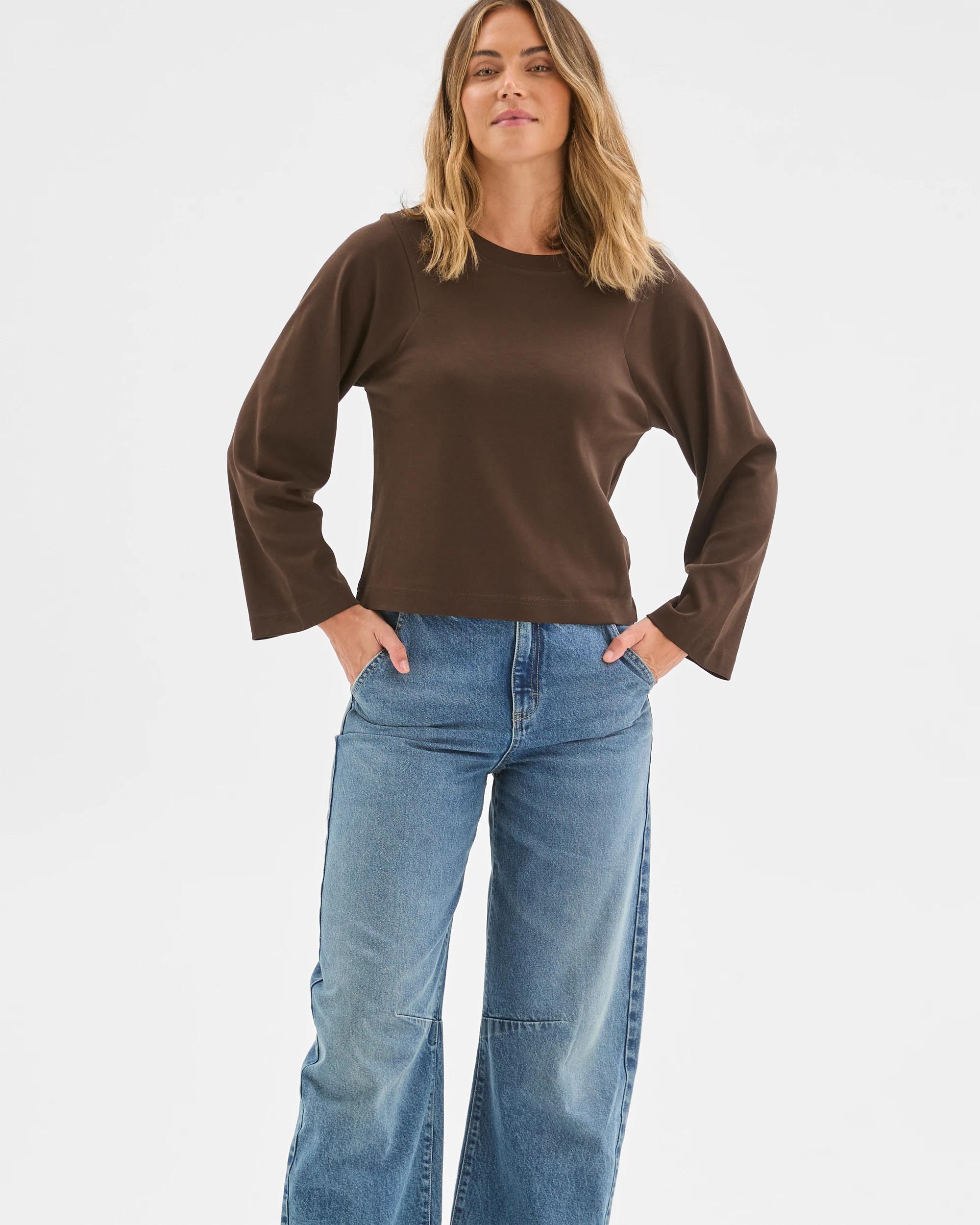 2 Target Woman Australian Cotton Long Sleeve Spliced Top COFFEE BEAN, 2 of 6