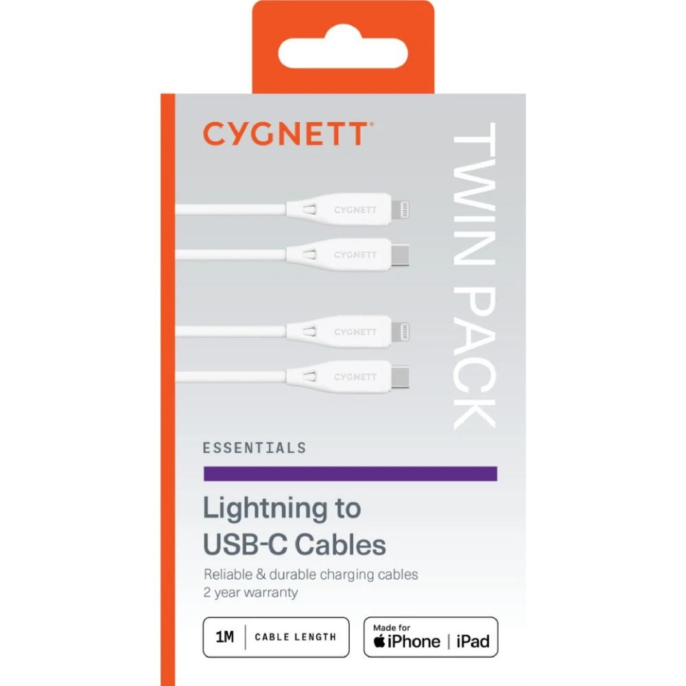 3 Cygnett Essentials Lightning to USB-C Cable 1m White 2 Pack, 3 of 3