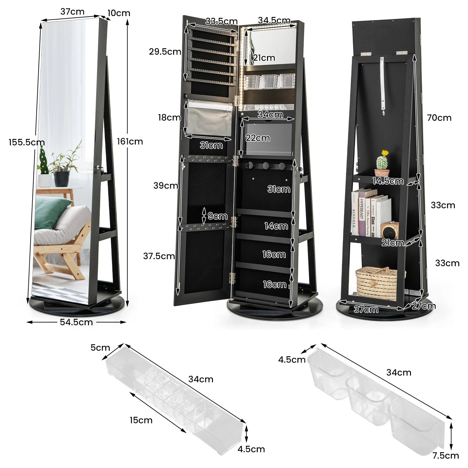 4 Costway 360° Rotating LED Jewellery Cabinet Full Length Mirror Armoire Makeup Cabinet - Black, 4 of 5