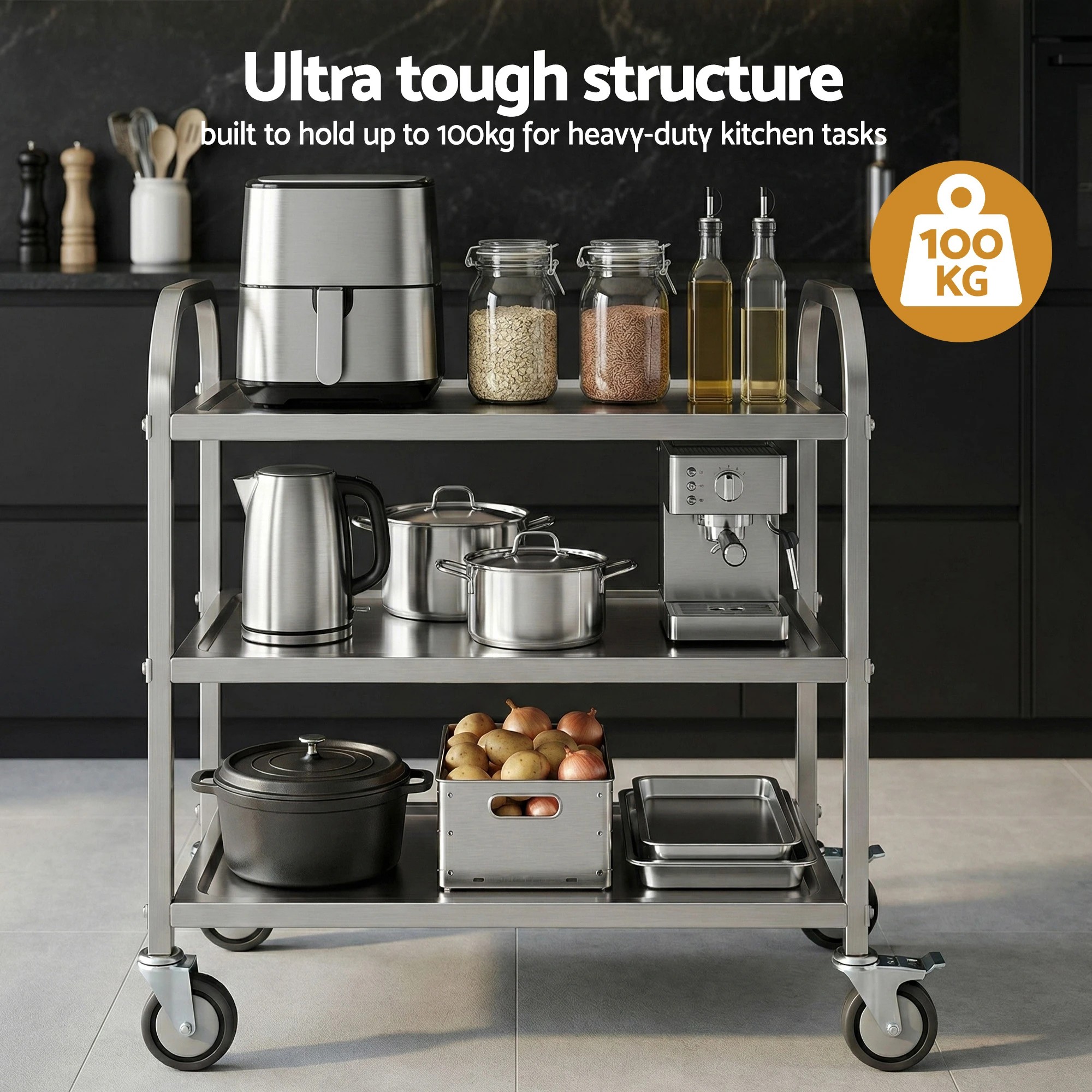 5 Cefito 3-Tier Stainless Steel Kitchen Trolley with Wheels 89X50X83cm - Silver, 5 of 6