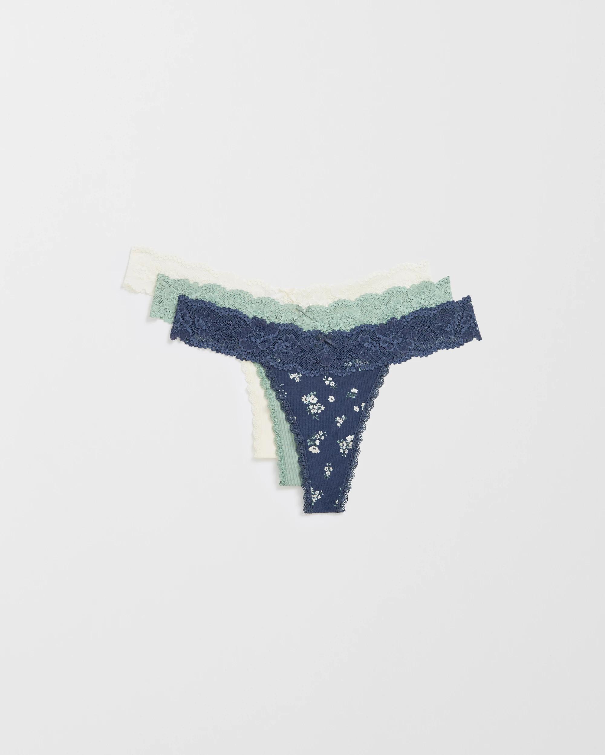 1 Target Woman Australian Cotton Blend & Lace 3 Pack G-String Briefs DITSY NAVY GROUND/GREEN MILIEU/GARDENIA, 1 of 3