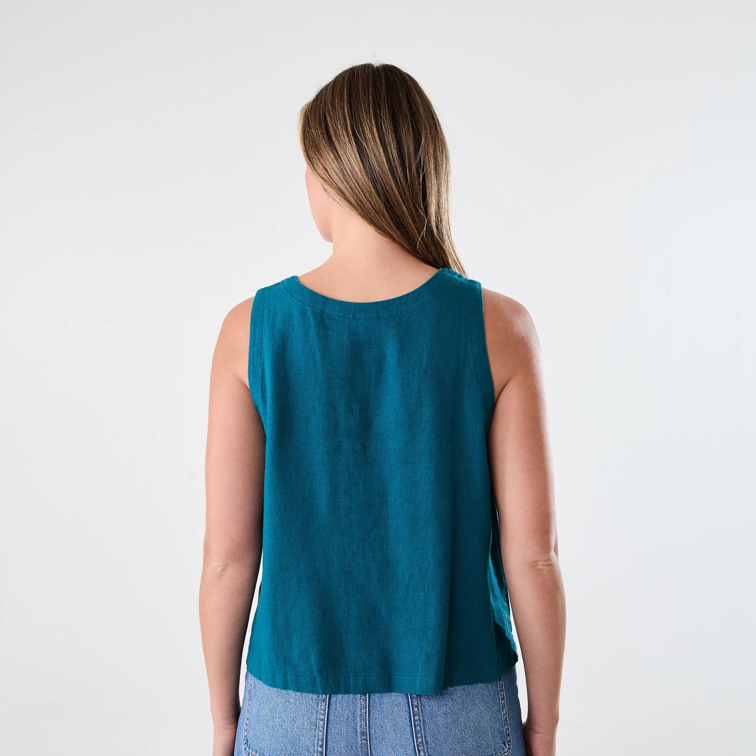 3 Sleeveless Linen Blend Scoop Neck Tank Teal Coral, 3 of 6