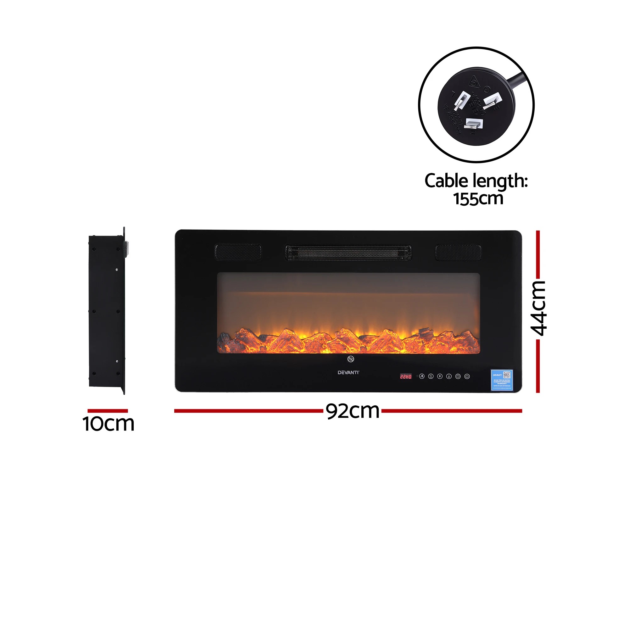 4 Devanti Electric Fireplace Fire Heater Wall Mounted Insert 3D Flame 1800W Remote - Black, 4 of 9
