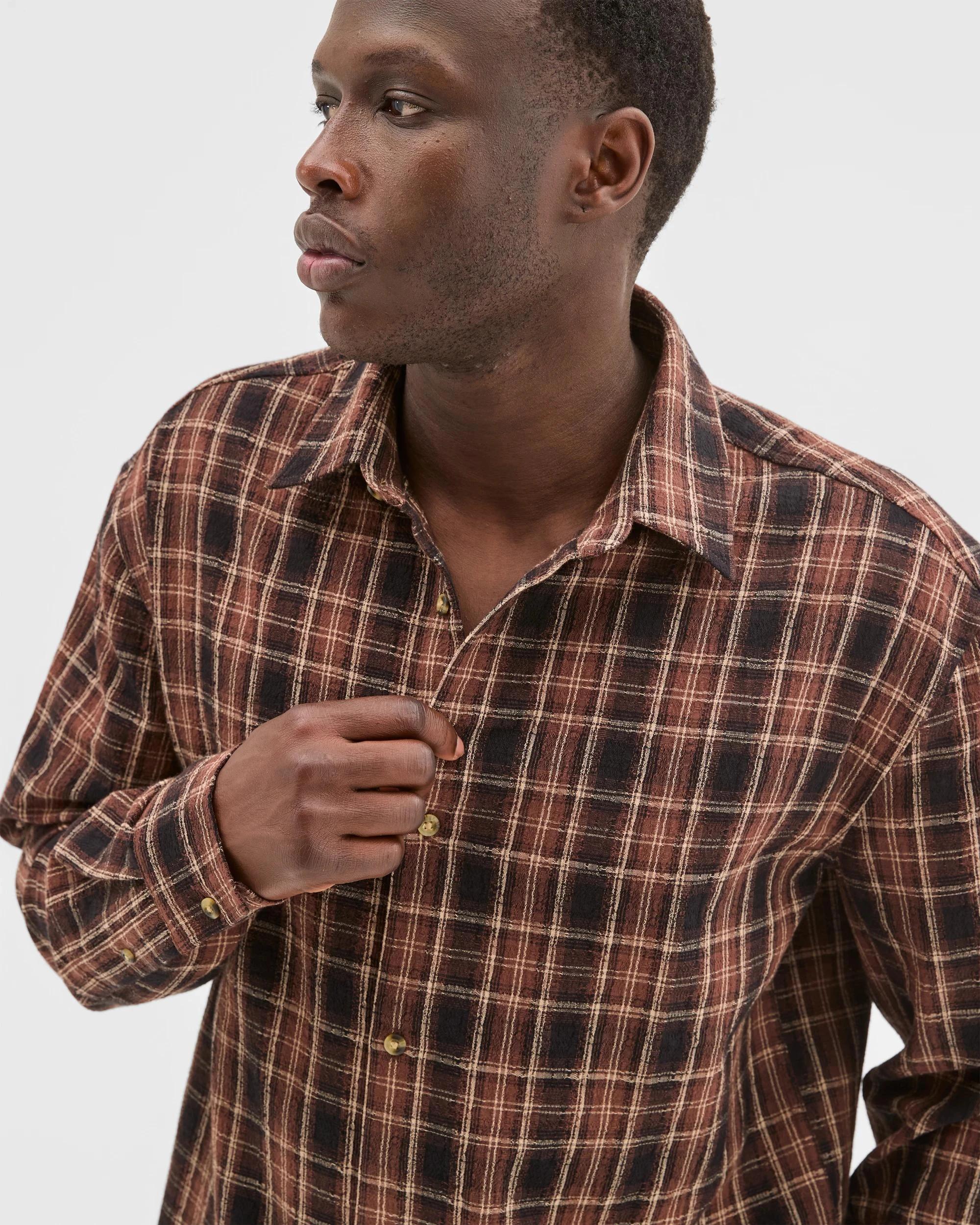 5 Commons Australian Cotton Boxy Fit Long Sleeve Textured Shirt TAN LARGE CHECK, 5 of 7