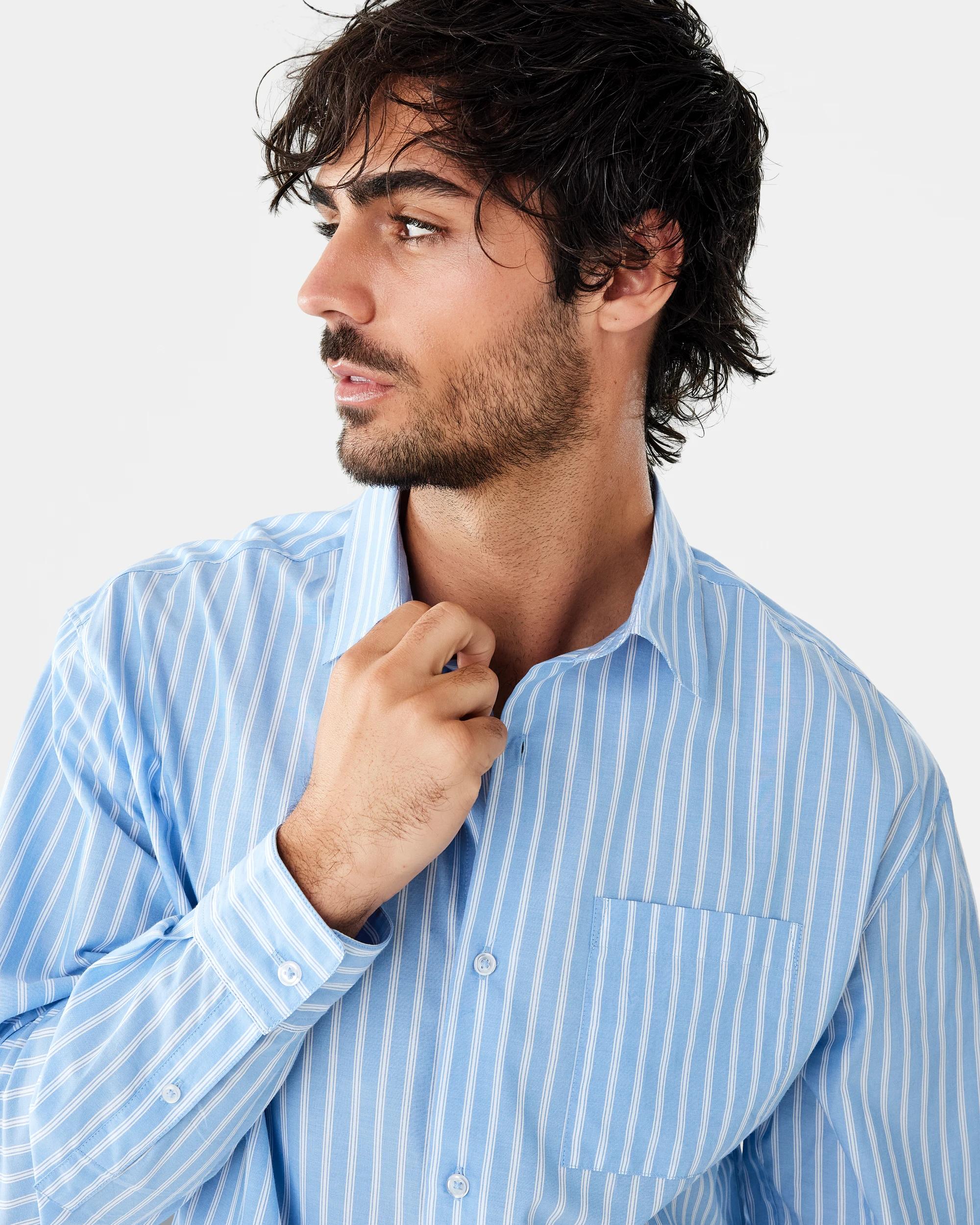 5 Long Sleeve Relaxed Poplin Shirt Blu Stripe, 5 of 10