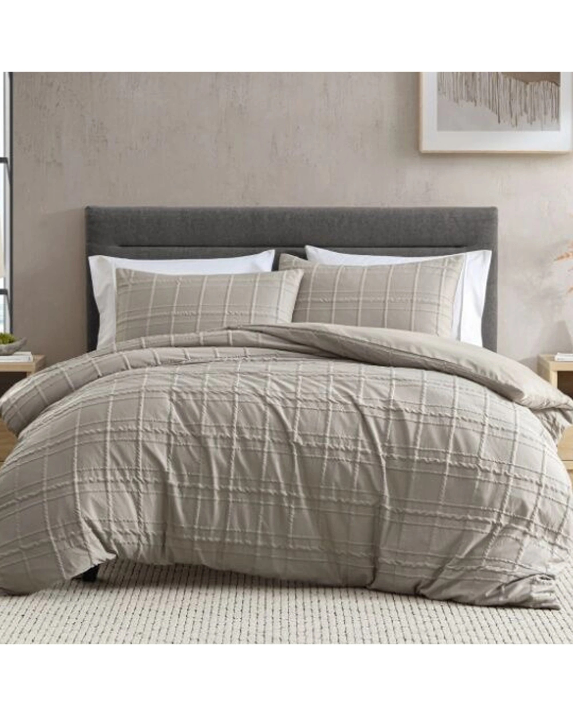 1 Ardor Subtle Textured Check Leonard Quilt Bed Bedding Duvet Cover Set Mocha Double - Brown, 1 of 1