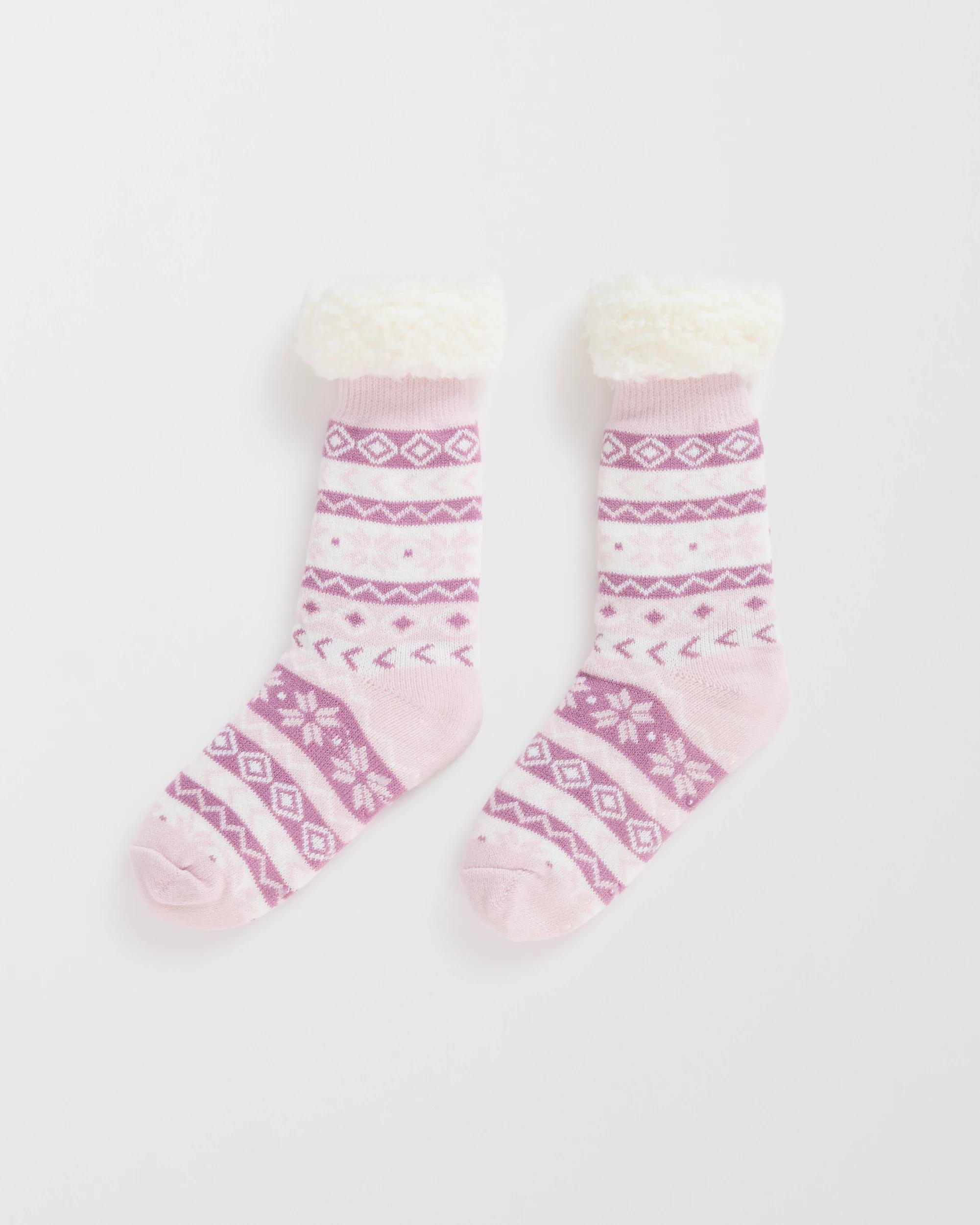1 Target Woman Sherpa Lined Crew Length Home Socks PINK FAIRISLE, 1 of 3
