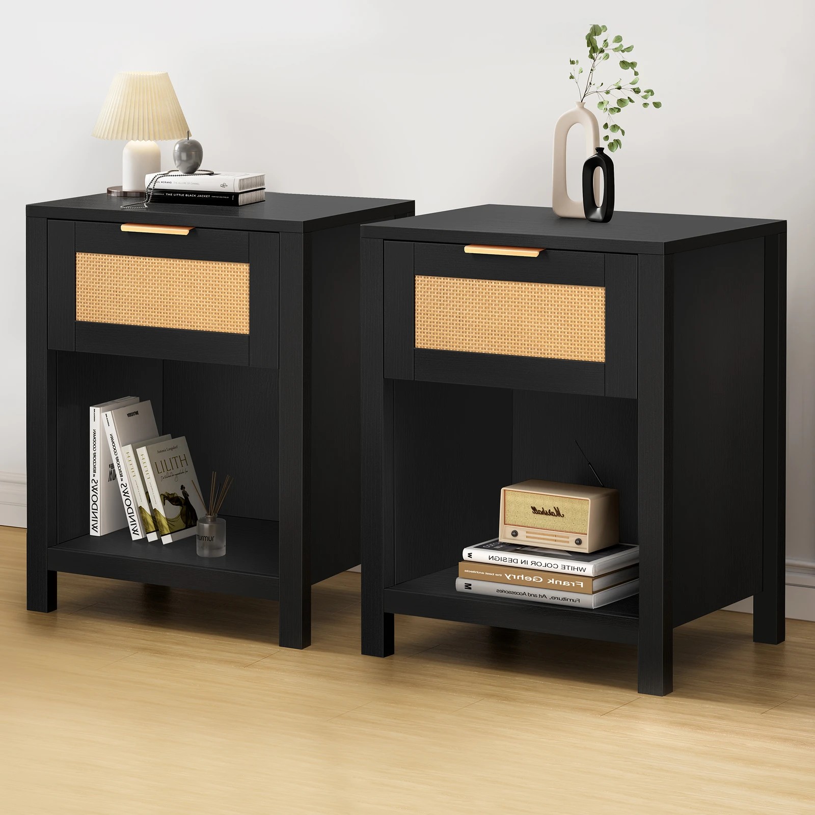 2 Alfordson 2x Bedside Table 1 Drawer Storage Shelf - Black, 2 of 10