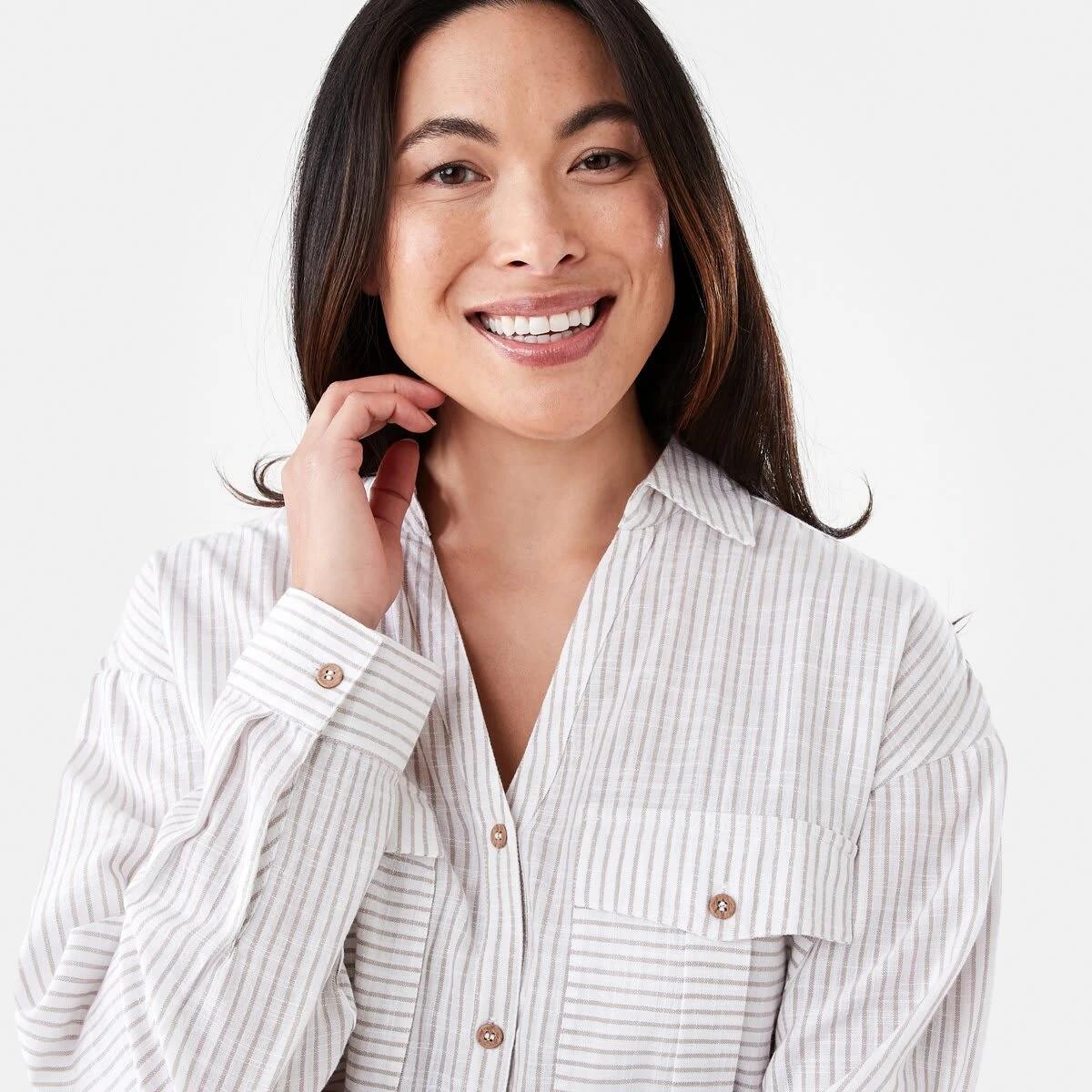 4 Long Roll Sleeve Cotton Shirt Strp Taupe, 4 of 6