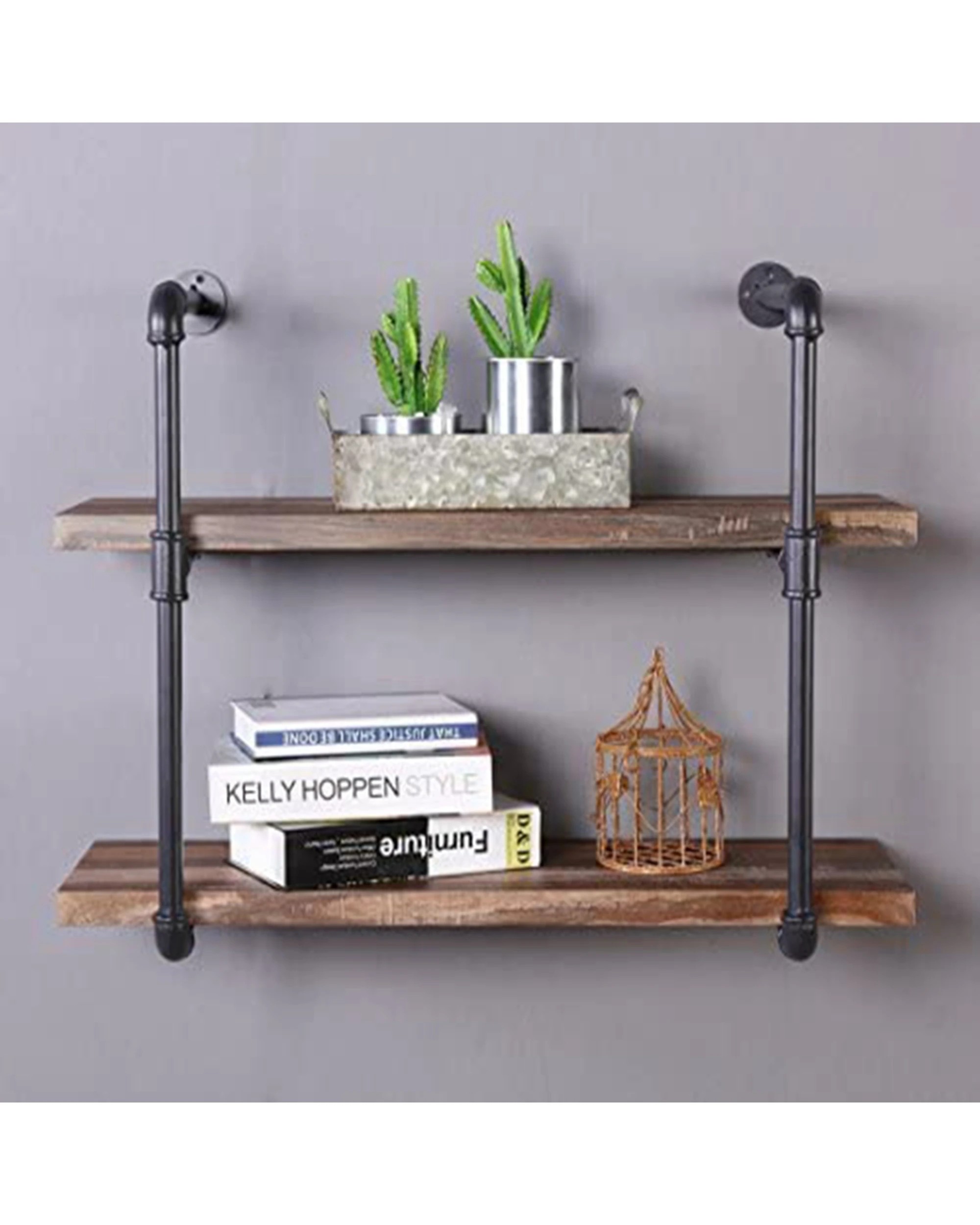 3 IHOMDEC 2 Tier Pipe Wall Shelf - Brown, 3 of 5
