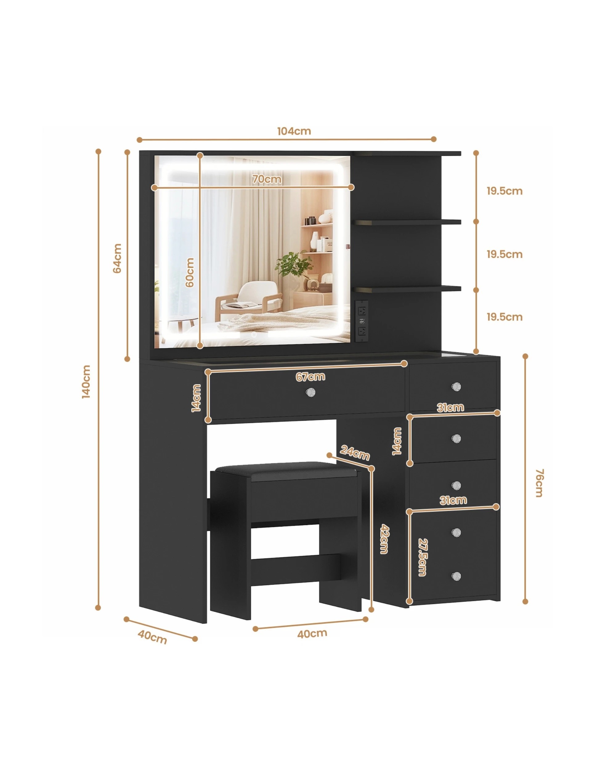 3 Advwin Dressing Table Set LED Light Glass Top - Black, 3 of 6