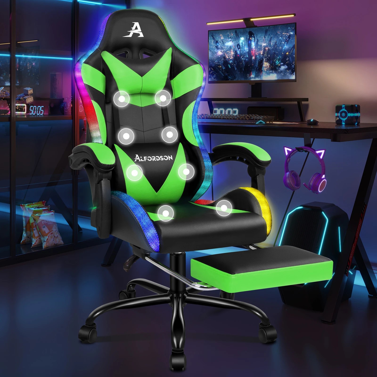2 Alfordson Gaming Chair Office Massage 12 RGB LED Computer Seat PU Leather - Green, 2 of 10