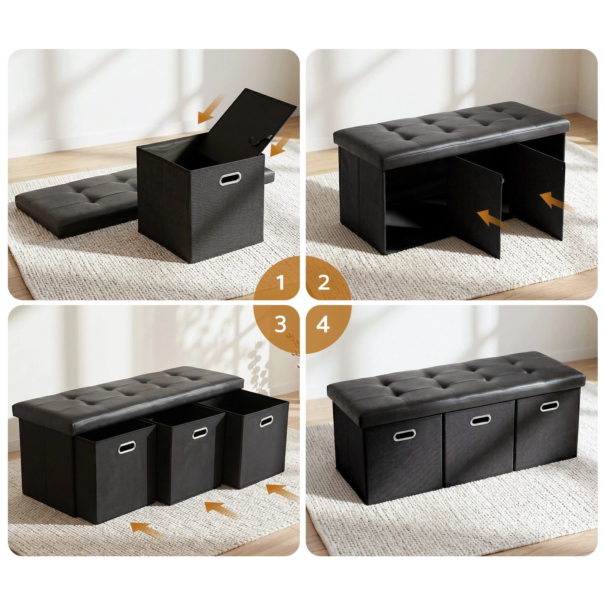 4 Artiss Storage Ottoman with 3 Cube Drawers Foot Stool Rest Foldable - Black, 4 of 7
