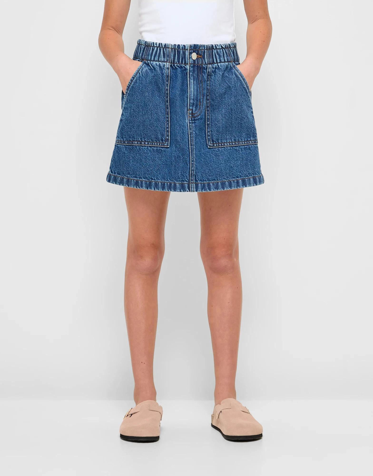 1 Target Elastic Waist Denim Skirt MID WASH, 1 of 5