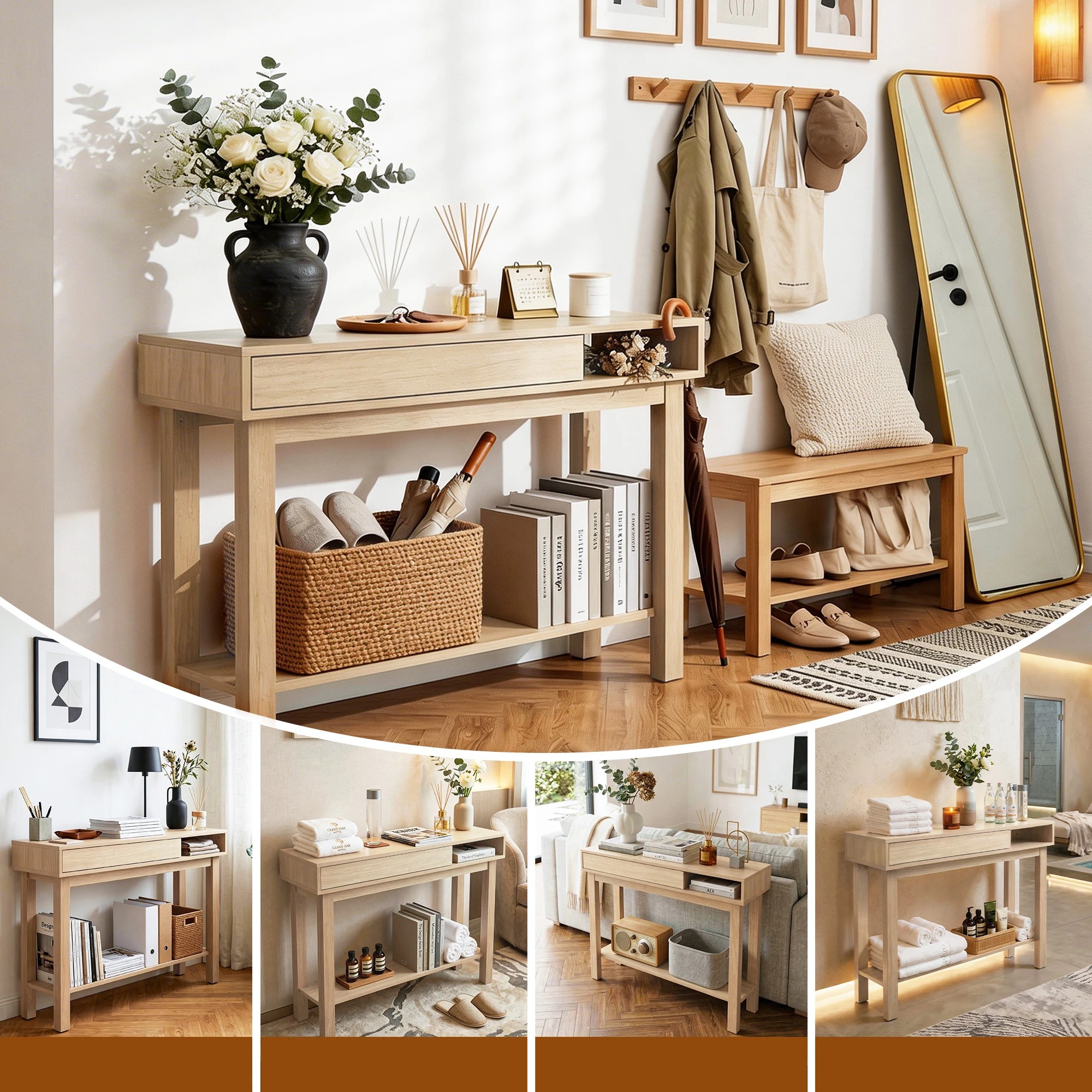 7 Artiss Console Table Entryway Hallway Sofa Side Table Drawer Shelf 100CM Wood - Natural, 7 of 8