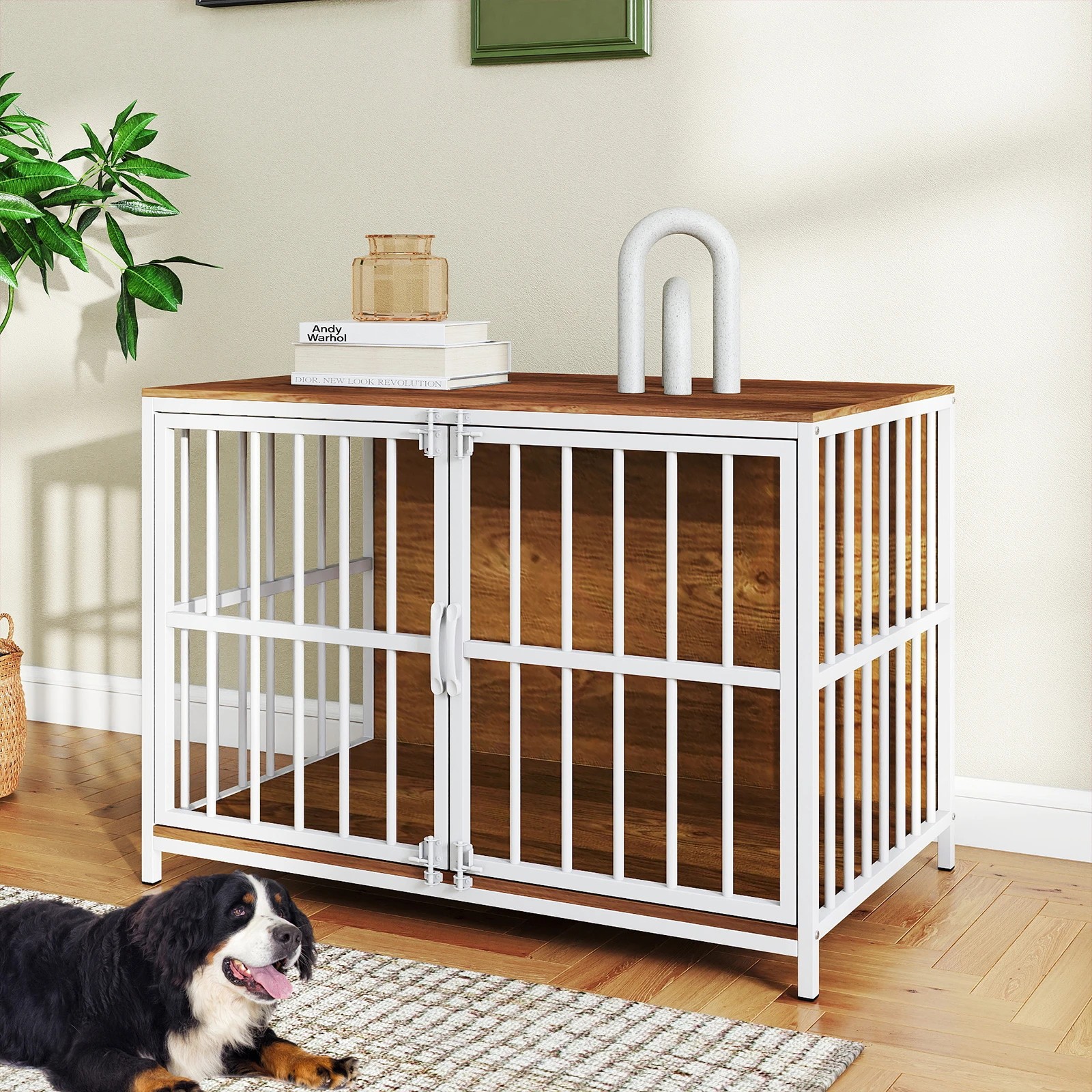 5 Costway Metal Dog Crate Furniture 100cm Pet Kennel Cage Side Table - Natural, 5 of 6