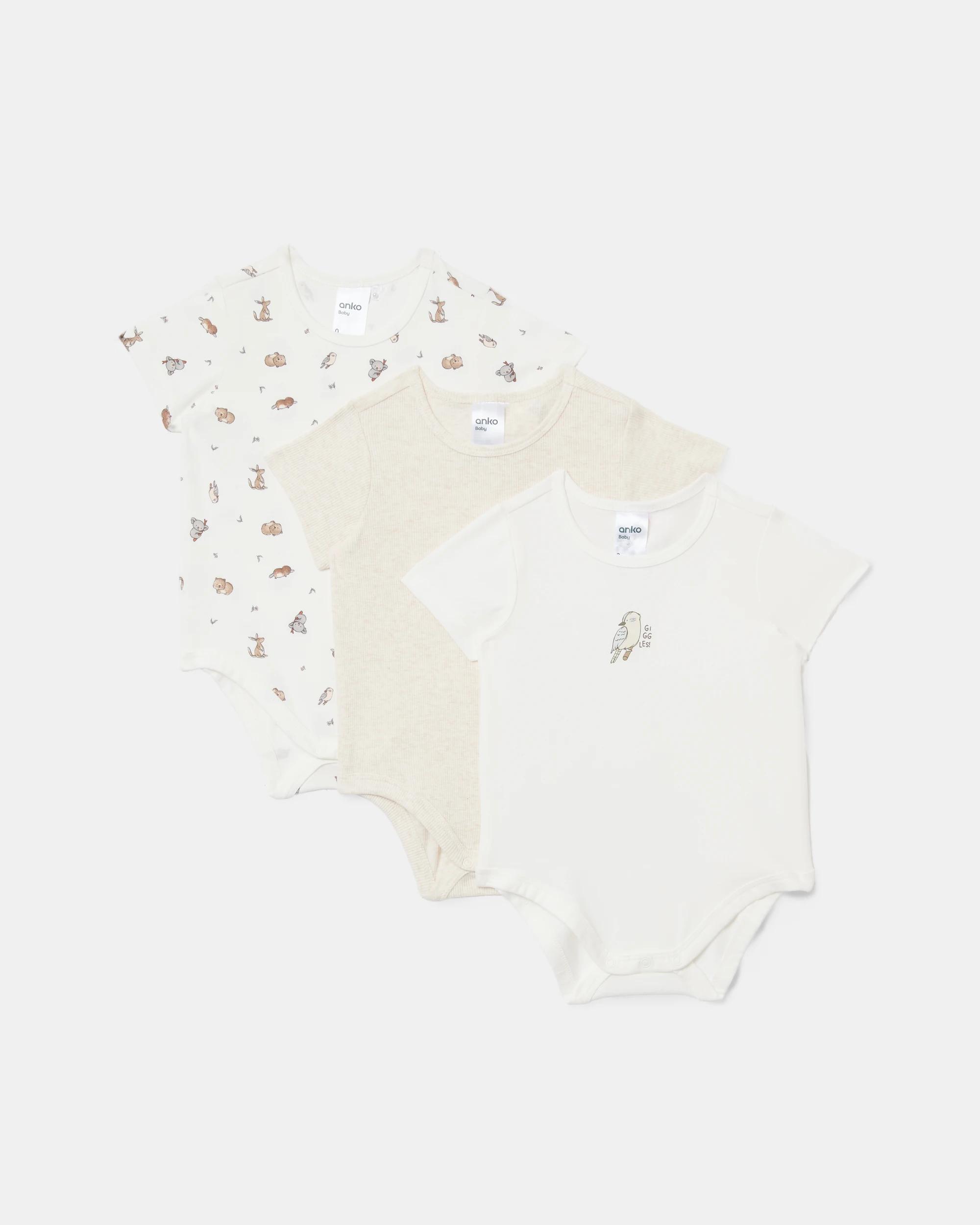 1 3 Pack Short Sleeve Print Bodysuits Aus Animal, 1 of 2