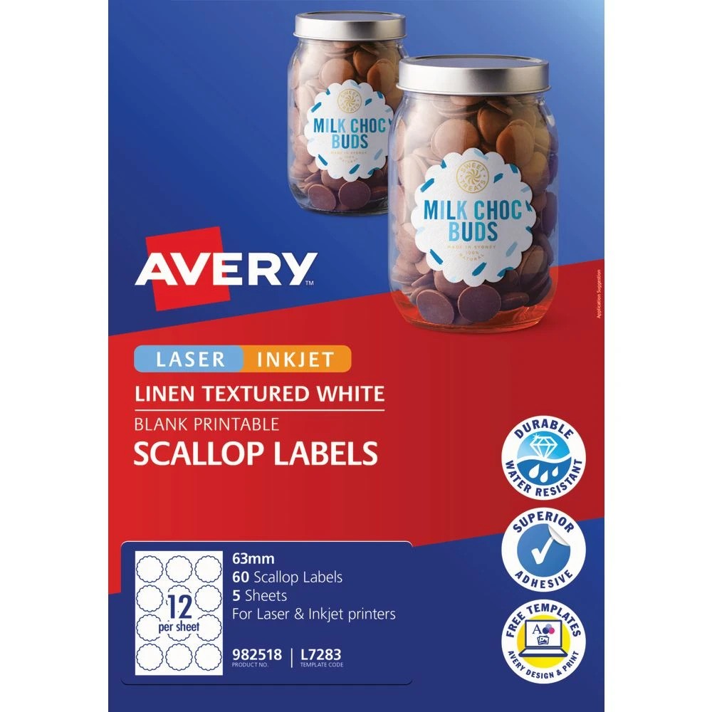 2 Avery 12UP Inkjet Laser Scallop Labels 63mm White 5 Sheets, 2 of 6