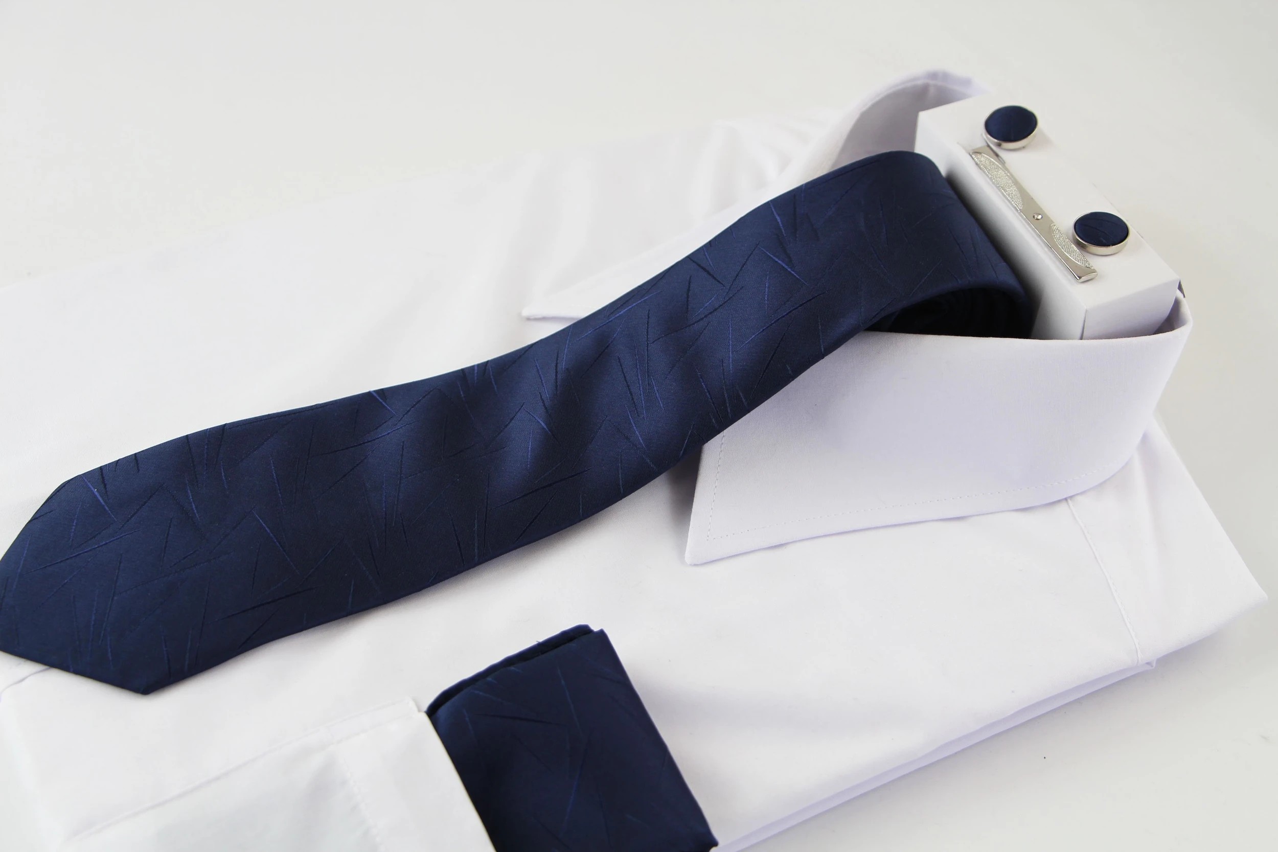 1 Zasel Mens Lines Matching Neck Tie, Pocket Square, Cuff Links And Tie Clip Set - Blue, 1 of 3