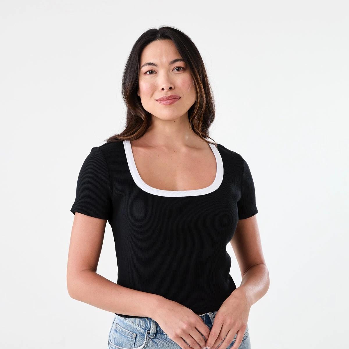 1 Short Sleeve Rib Square Neck T-shirt Blk Wht, 1 of 5