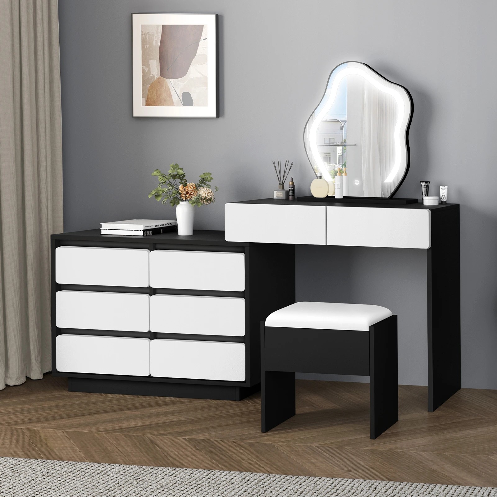 1 Alfordson Dressing Table Stool Set Makeup Mirror Desk LED 8 Drawers - Black White, 1 of 10