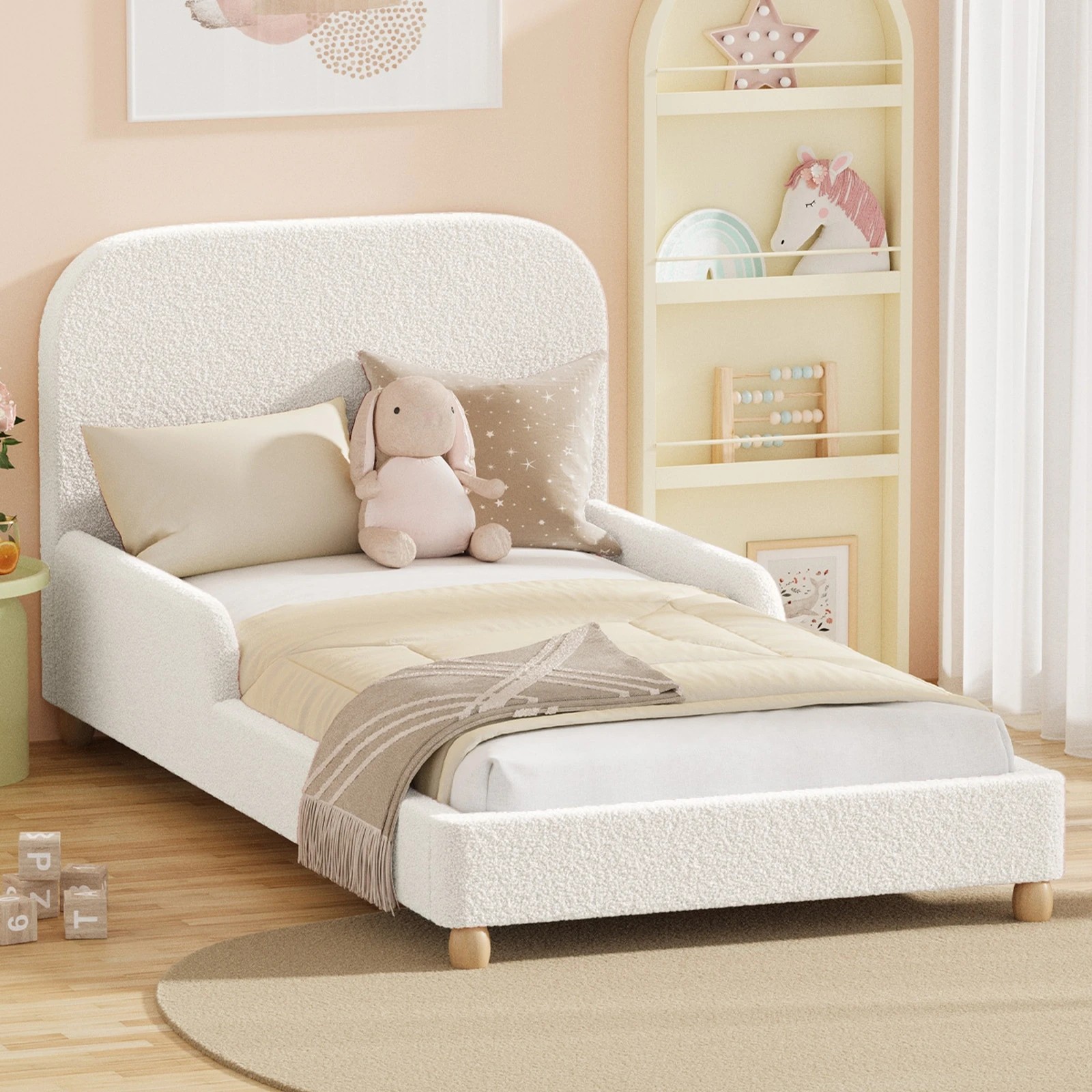 3 Oikiture Kids Bed Frame Single Size with Side Guard Rails Boucle - White, 3 of 10